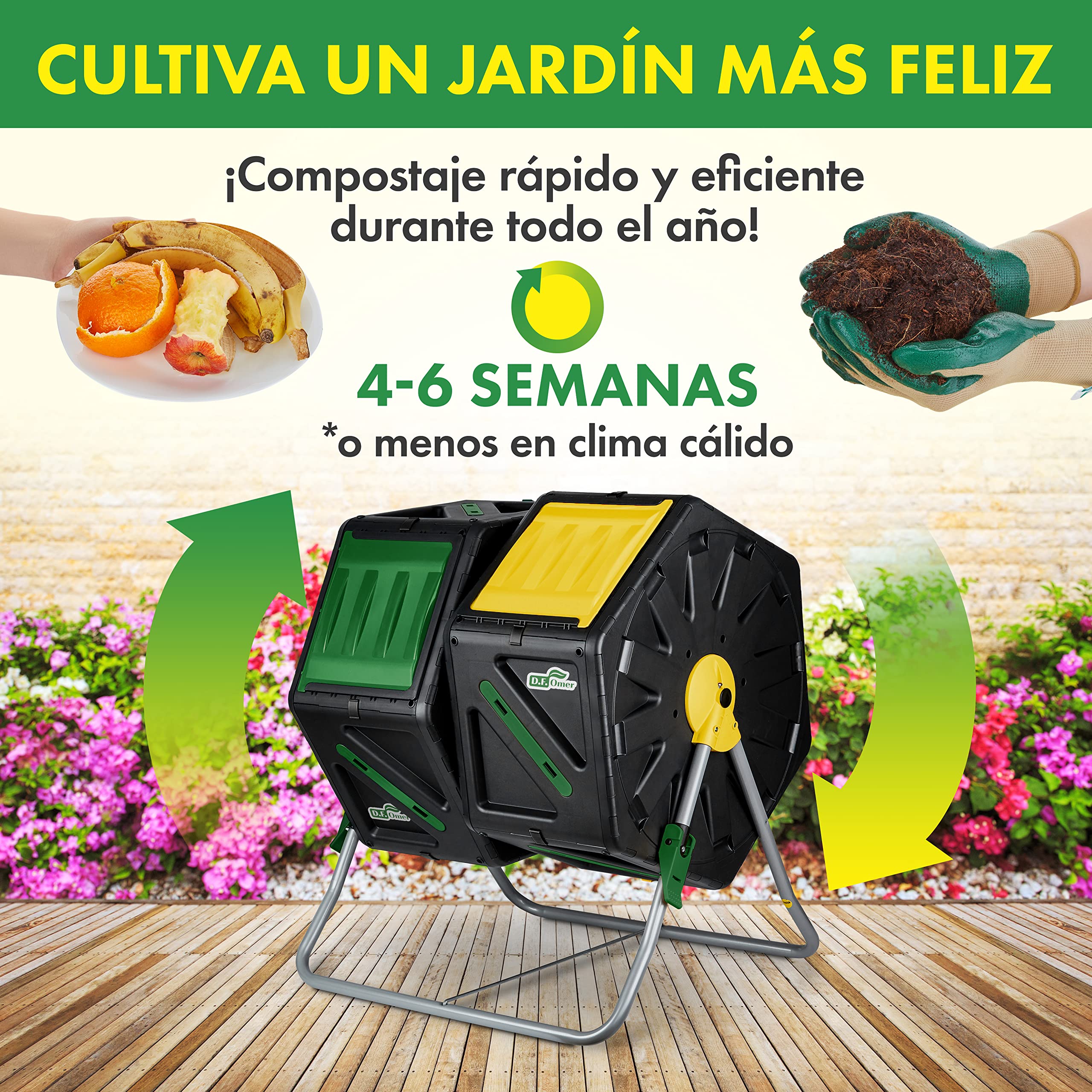 DF OMER Contenedor Doble Cámara para Abono – con Sistema Easy Turn 2 Puertas Corredizas, Marco De Acero Resistente - Sin BPA, con Protección UV (70L / 18.5 GAL)