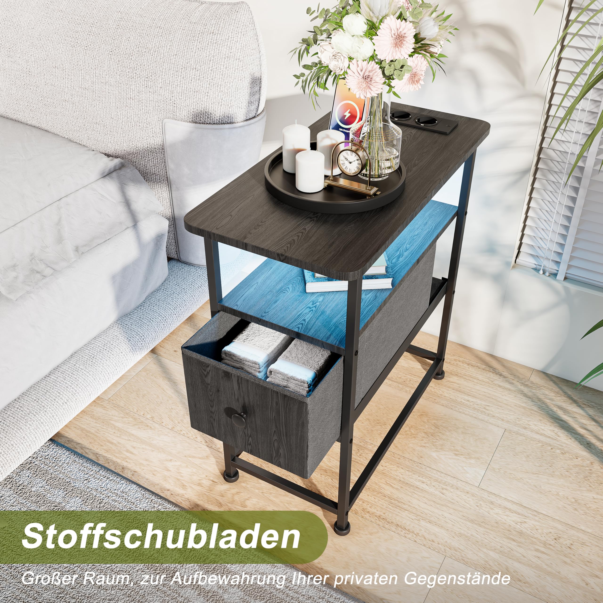Stolik pomocniczy wąski z lampkami LED i stacją ładującą, stolik nocny z 1 szufladą z materiału, stolik kawowy z otwartym regałem, do sypialni, salonu, 60 x 30 x 62 cm (czarny)