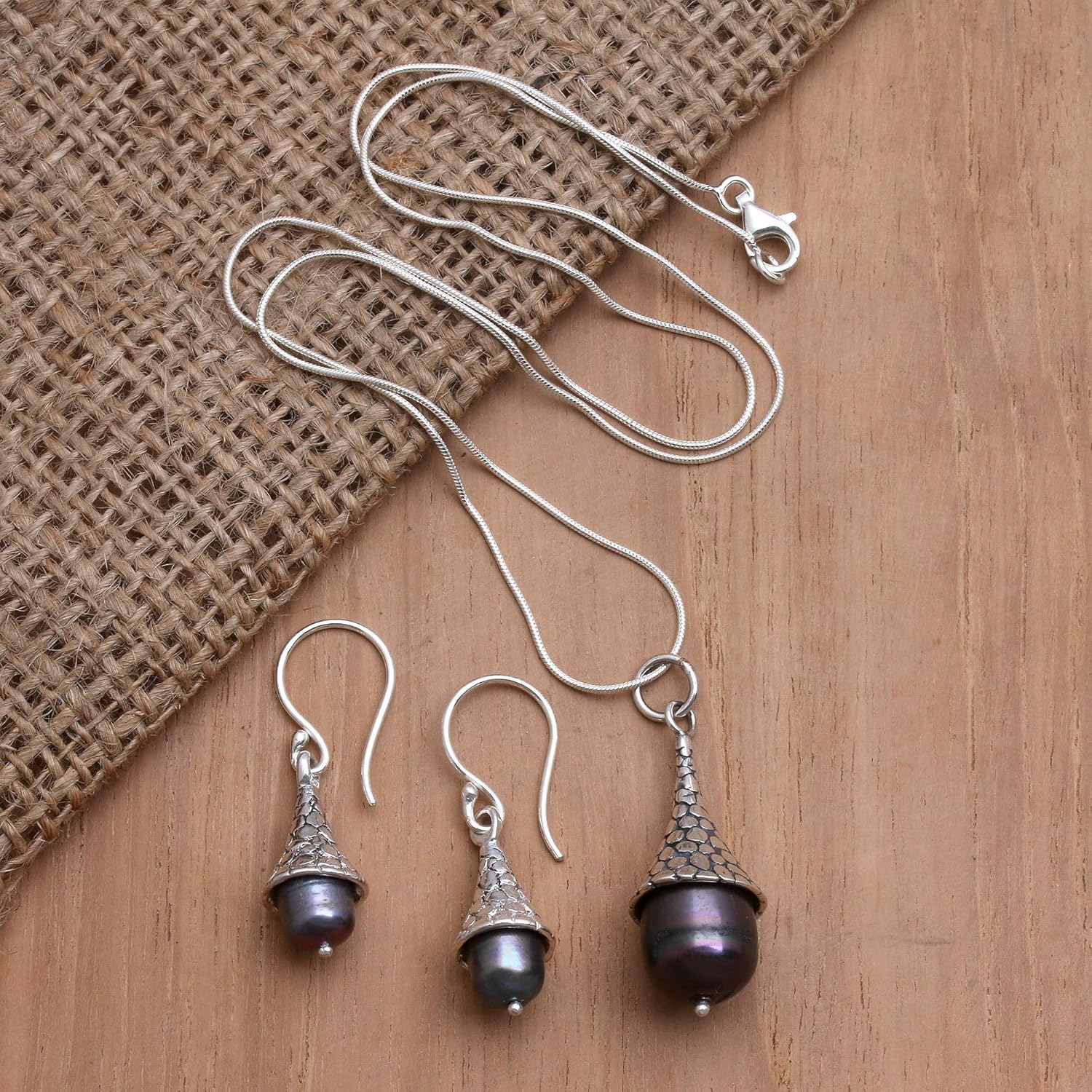 NOVICA Handmade Sterling Silver Blue Cultured Pearl Jewelry Set Freshwater Pendant Indonesia Birthstone Gemstone