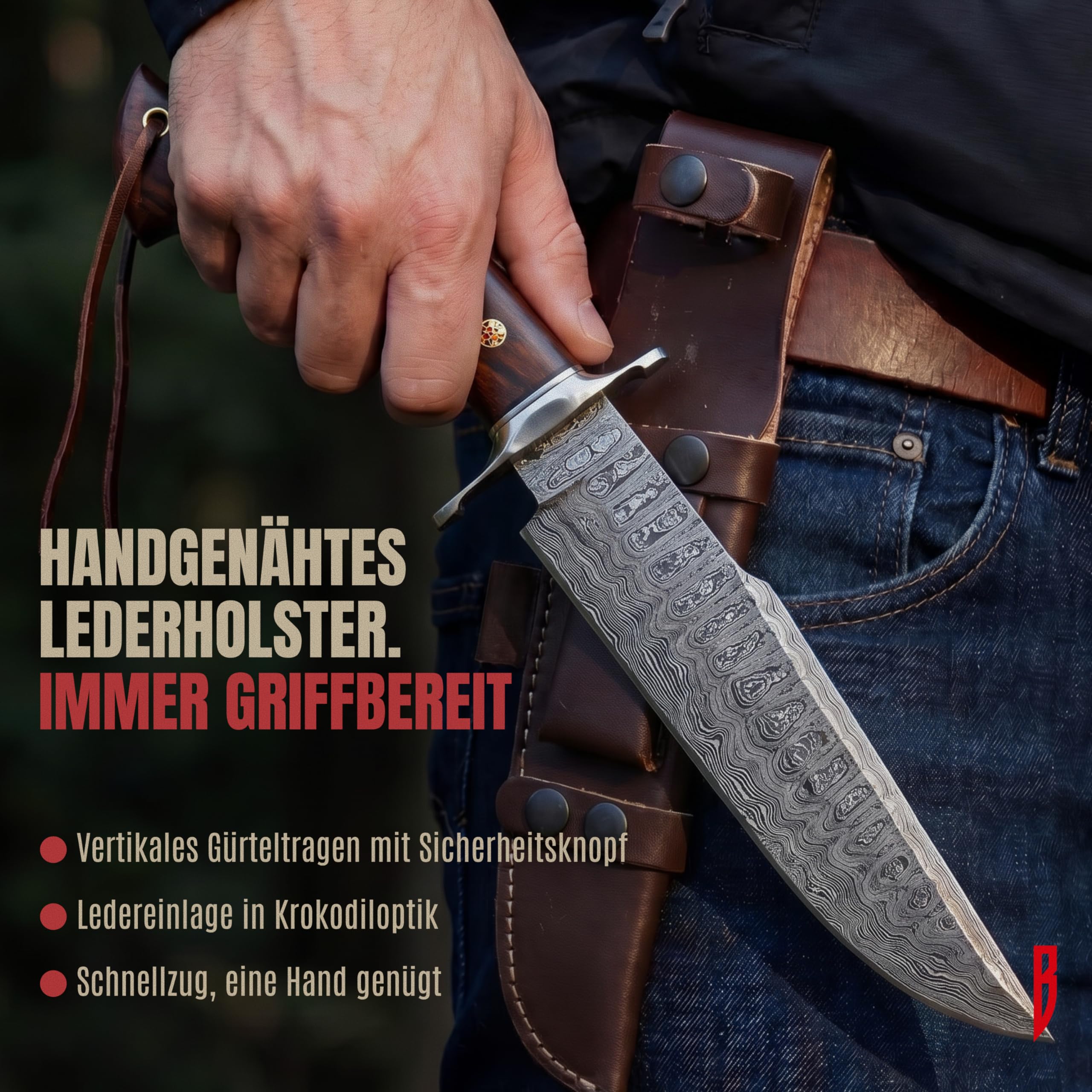 BIGCAT ROAR Raptor Damaststahl Jagdmesser 13,2 Zoll - Full Tang - Walnussholzgriff & Lederscheide - Bushcraft Outdoor Camping Survival Jagd