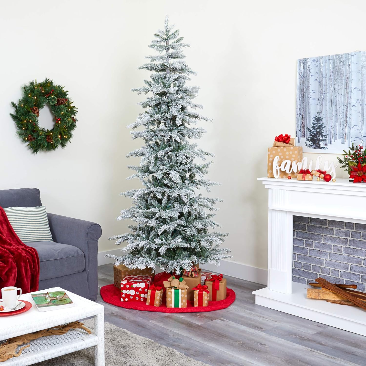 Nearly Natural 7.5ft. Slim Flocked Nova Scotia Spruce Artificial Christmas Tree with 450 Warm White LED Lights and 909 Bendable Branches