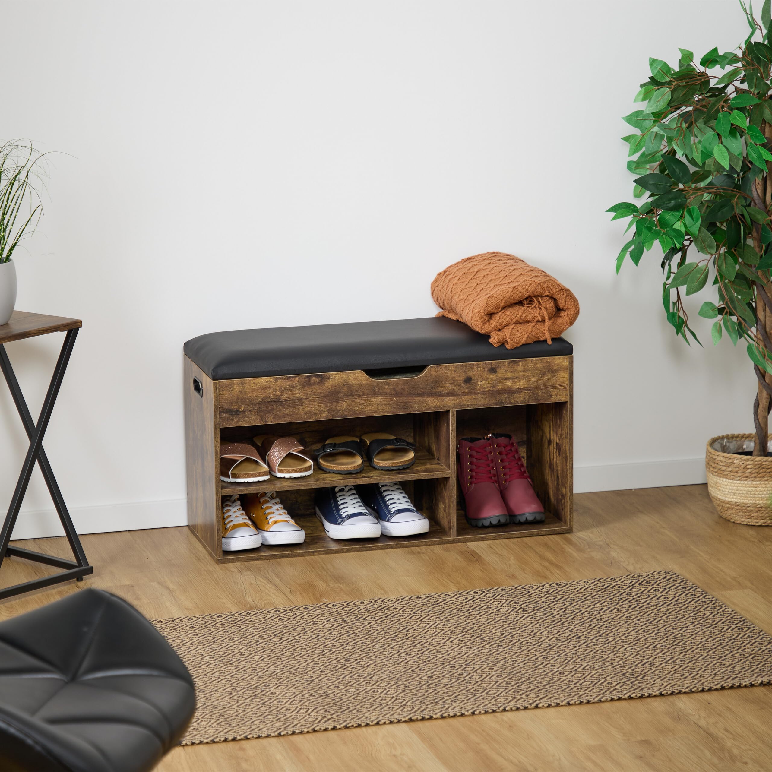 Relaxdays Banco Zapatero con Almacenaje, 3 Compartimentos para Zapatos, Baúl y Asiento, 46 x 80 x 30 cm, Marrón/Negro