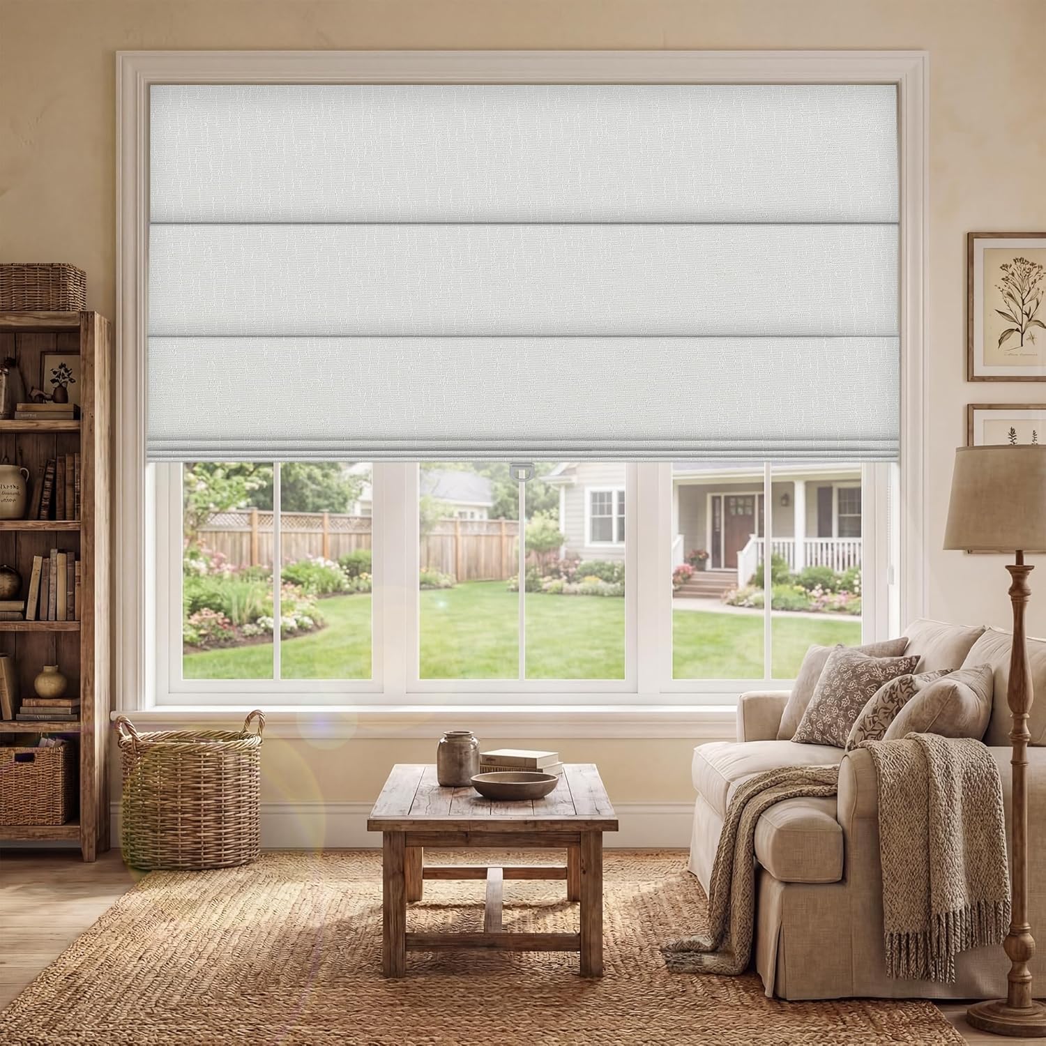 BERISSA Cordless Roman Shades for Indoor Windows Blackout,Pull Down Linen Fabric Roman Blinds,Privacy Window Shades for Door Windows,Bedroom,Office,Easy to Install,Blackout White,29" W x 48" H