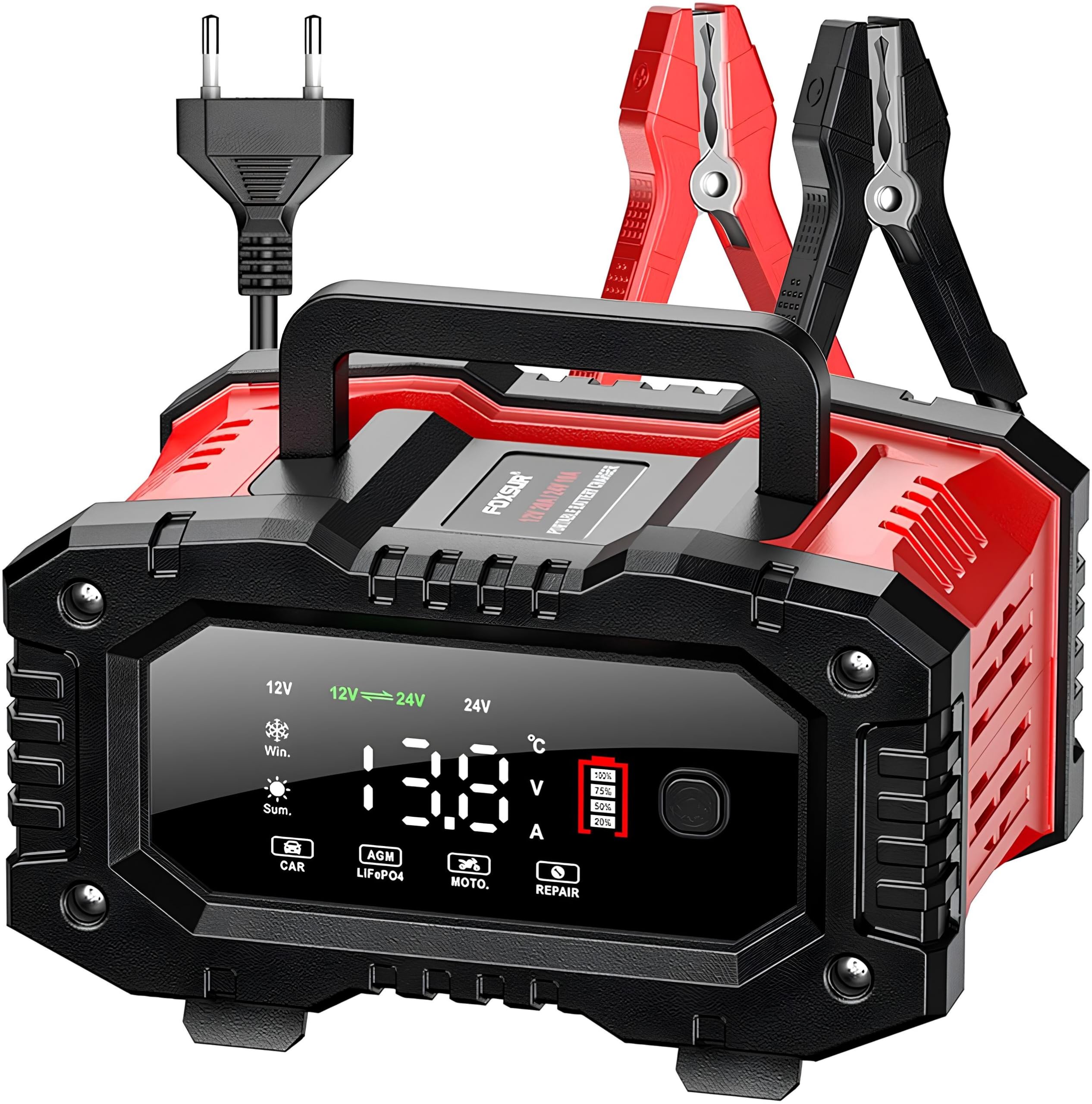 Cargador Baterias Coche - 12V 20A / 24V 10A Cargador de Batería Coche y Moto, con Pantalla LCD, para Automóviles Motocicletas, AGM, Gel, LiFePo4