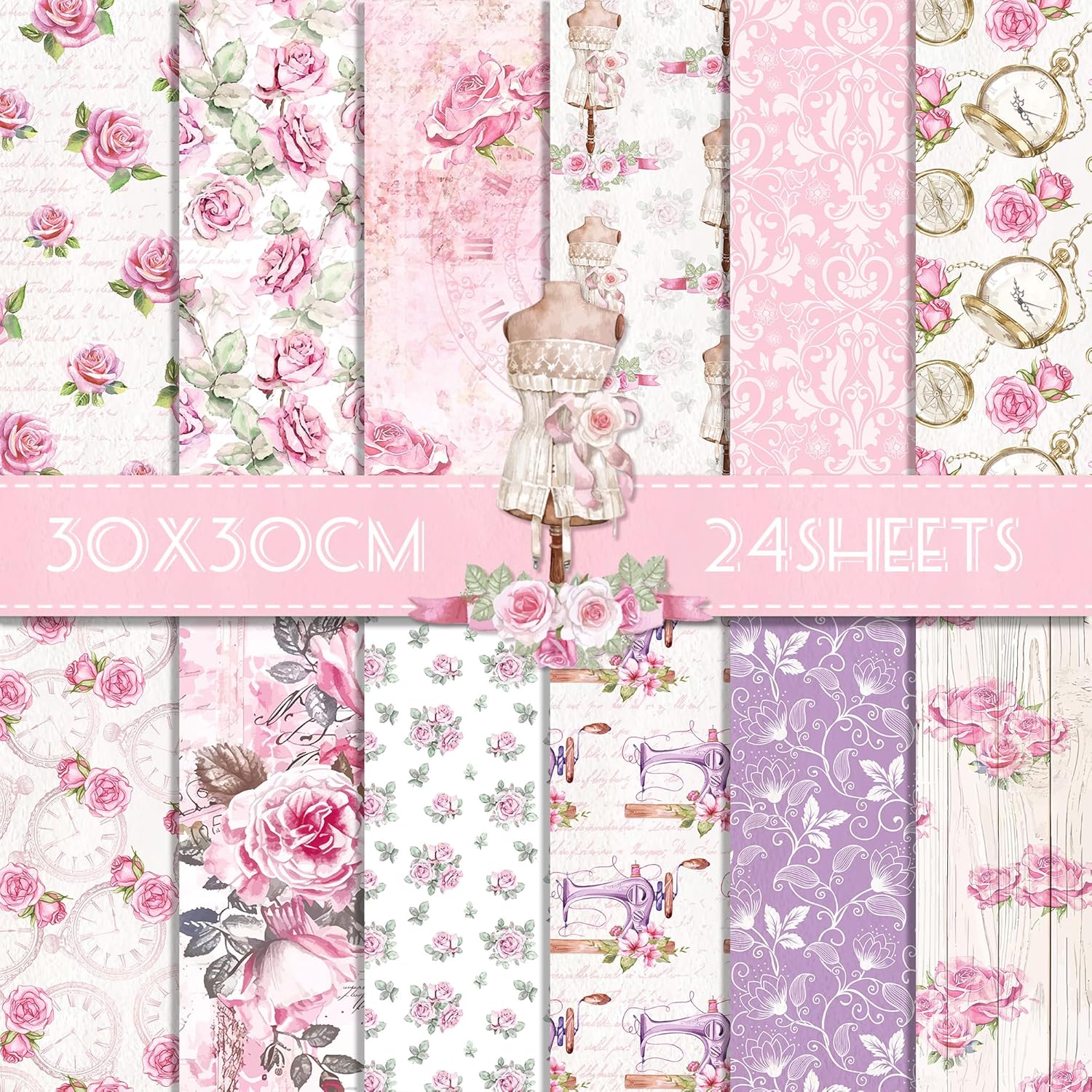 Amazon.com: 24Sheets Pink Rose Scrapbook Paper Pad, Romantic Flower ...