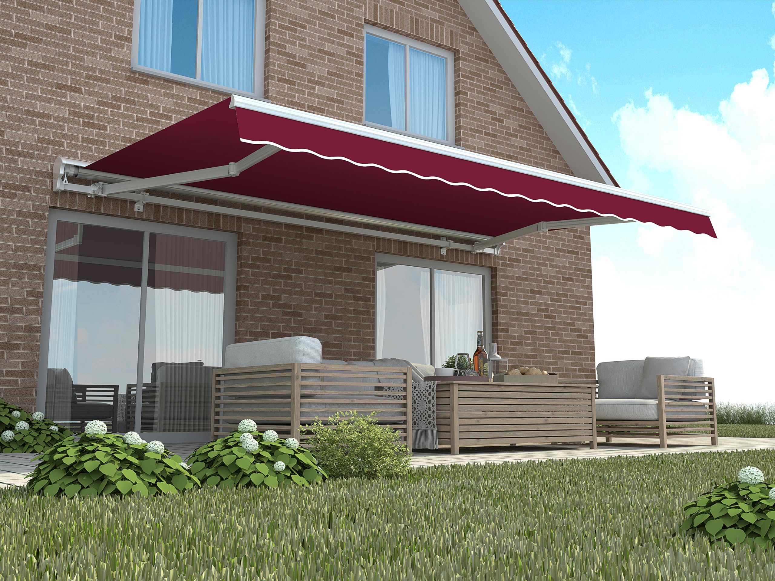 home Trends Preiswert Markisen Tuch Markisenbespannung Ersatzstoffe Diverse Farben Maße 4 x 3 m Markisenstoffen MIT Volant fertig genäht mit Umrandung P1026- Wein Rot