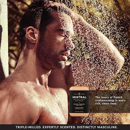 Miniatura 6 de Mistral Golden Tobacco Jabón en barra de lujo para hombres  Barra de jabón natural para hombre  Sin parabenos, ftalatos  Jabón natural hidratante y