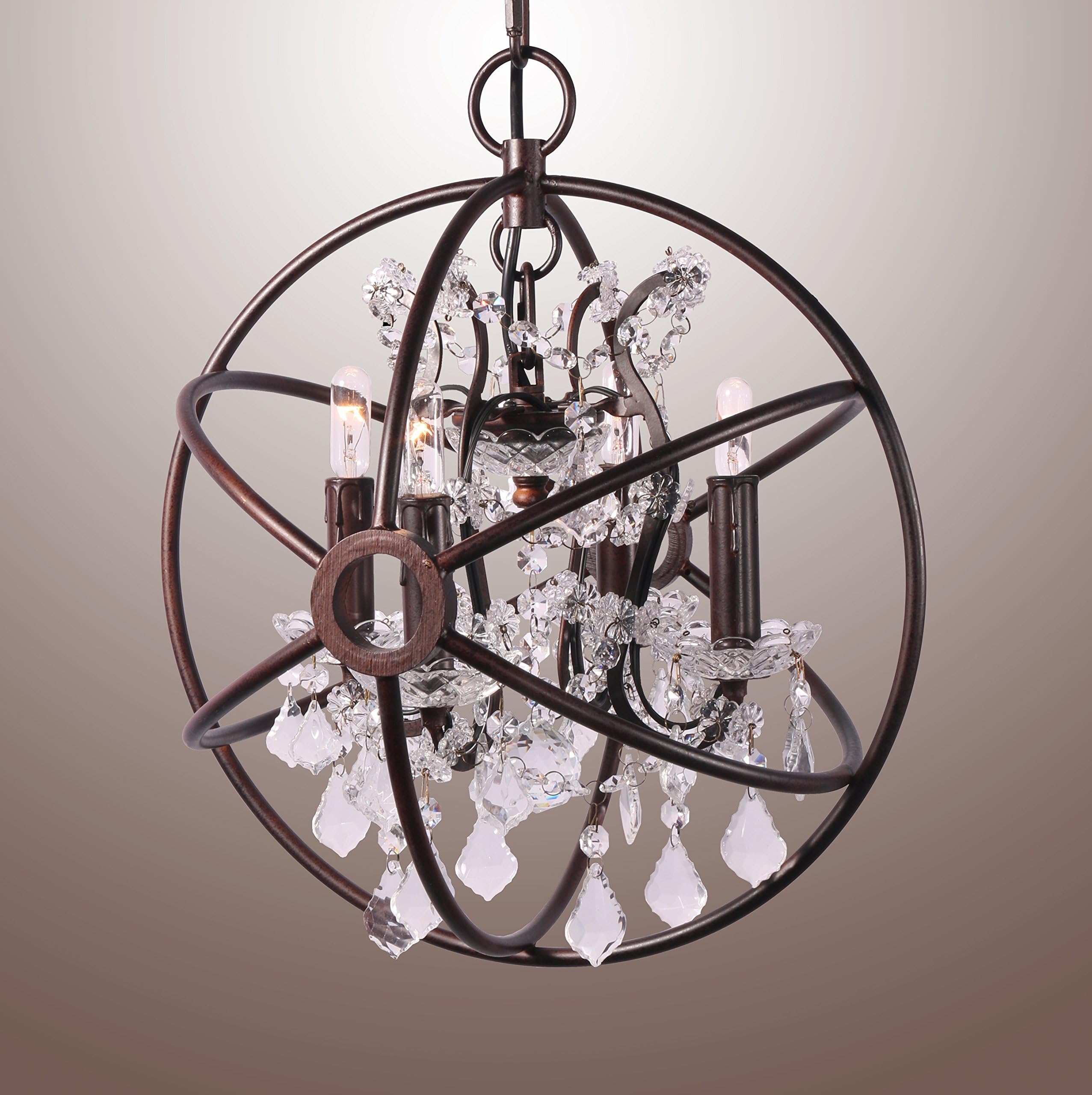 4 Light Candelabra Crystal 15" Chandelier Pendant Rustic Lamp Antique Atom Orbed Iron Frame Globe Ball