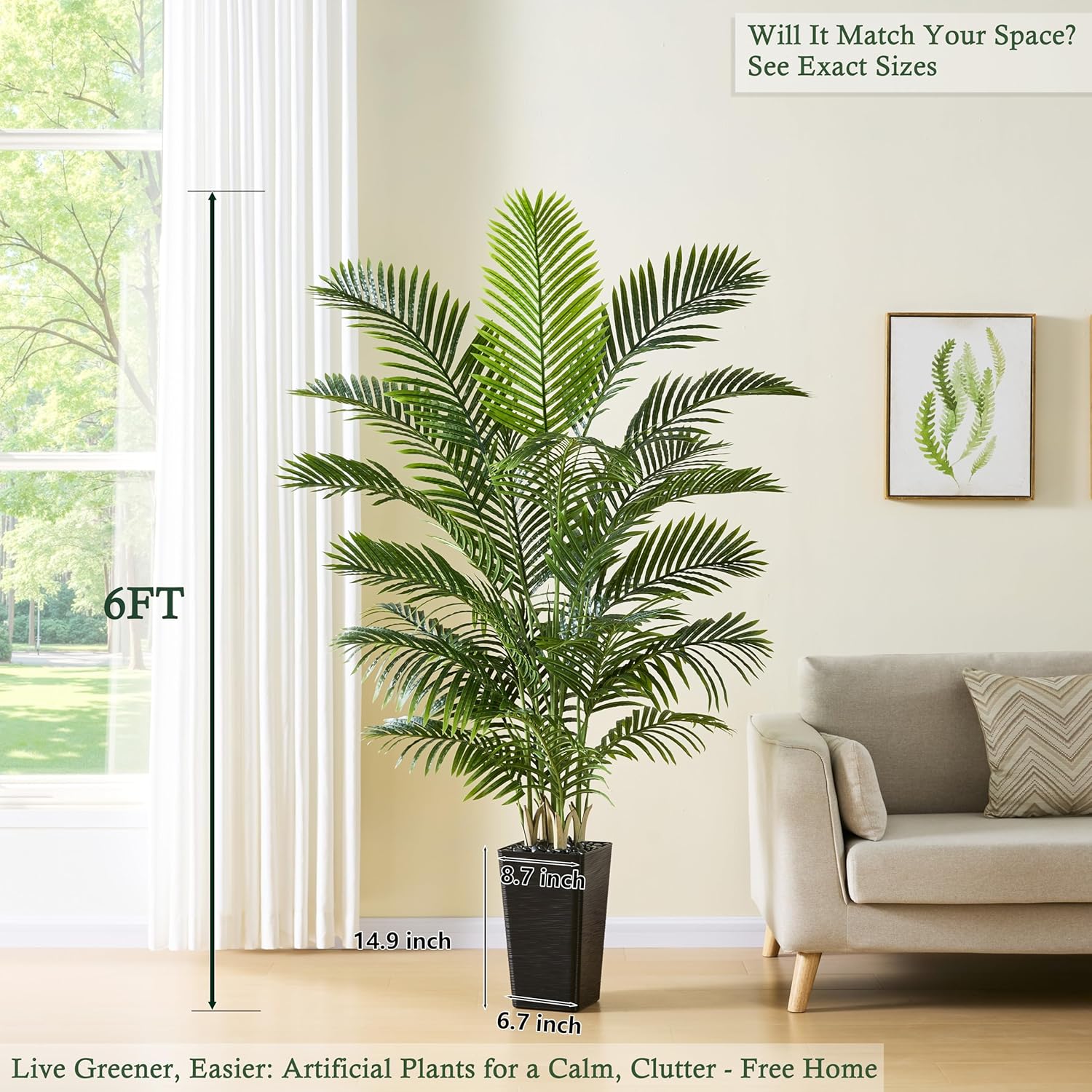 Artificial Palm Tree：6FT Tropical Fake Silk Plant UV Resistant Faux Areca Palm with White Planter & Black Pebbles for Home Office Living Room Decor Indoor Patio Porch Balcony (6FT,1-Pack,Black)