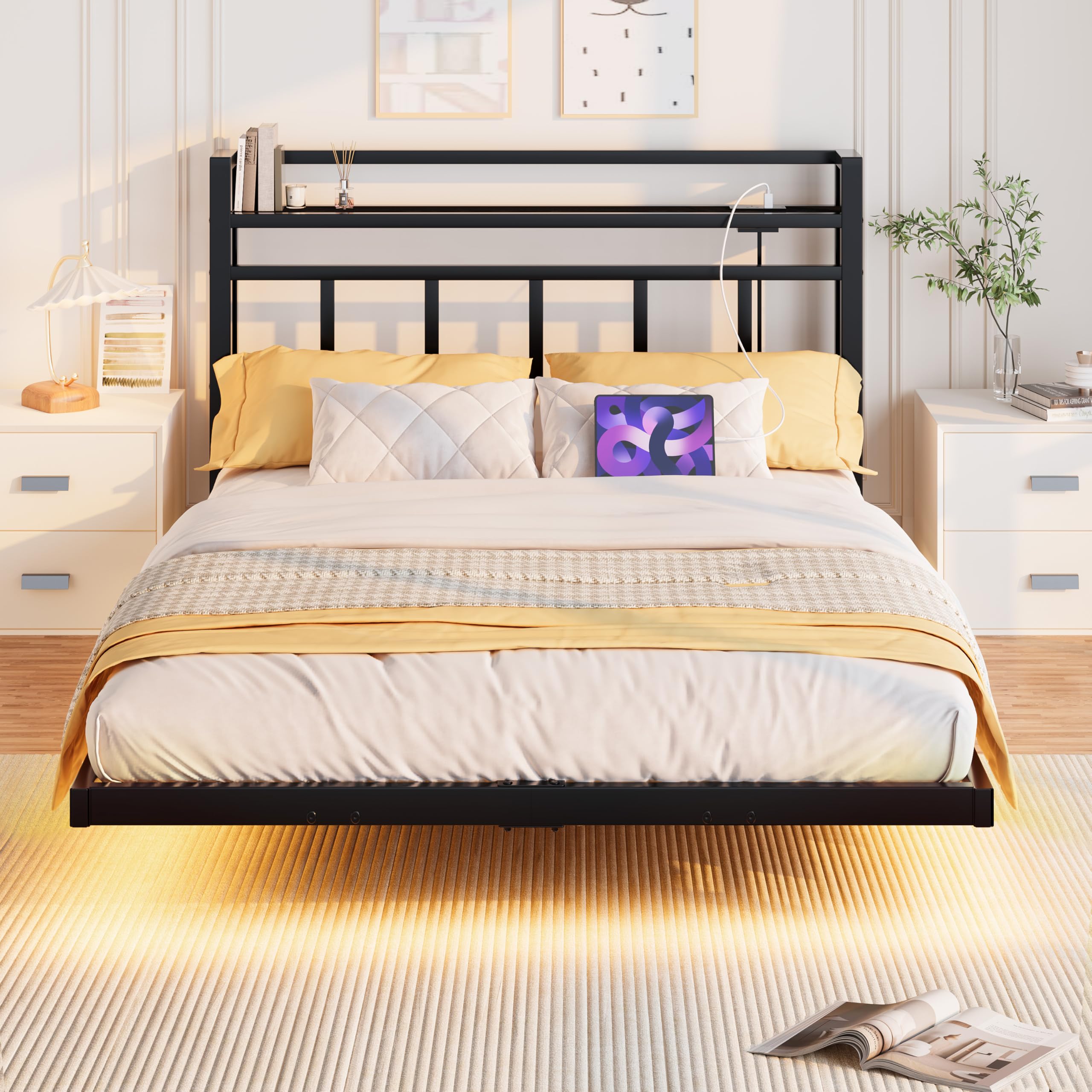 4ft6 Floating Double Size Bed Frame with LED Lights and Charging Station,135×190cm Metal Platform Bed Frame with Storage Shelf Headboard,Heavy Duty Metal Slats,No Box Spring Needed, Noise Free, Black