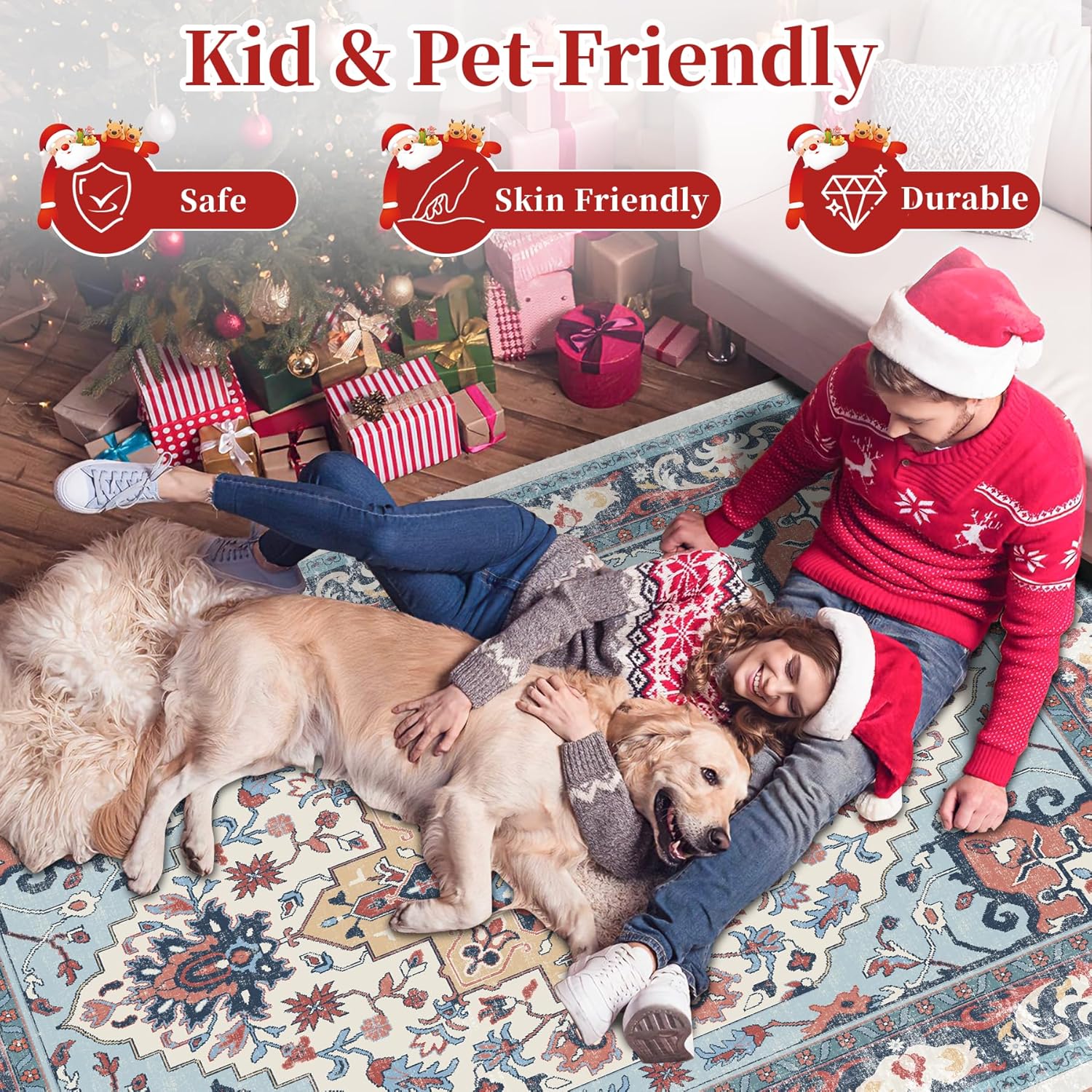 8x10 Large Christmas Washable Area Rugs for Living Room,Boho Non-Slip Soft Carpet,Rug for Nursery Bedroom Dining Room Home Office Indoor High Traffic Areas