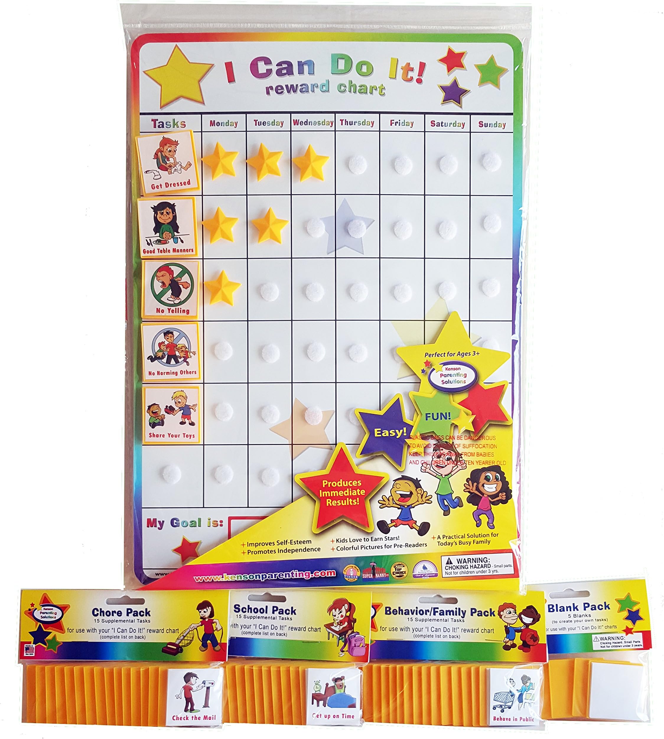 I Can Do It Reward and Responsibility Chart Task Bundle, Dry Erase Incentive Chart with 65 Tasks, 8 Blanks & 3D Stars- Weekly Magnetic Chore, Behavior, Star Chart for Kids Ages 3-10 Kenson Kids
