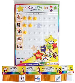 I Can Do It Reward and Responsibility Chart Task Bundle, Dry Erase Incentive Chart with 65 Tasks, 8 Blanks & 3D Stars- Weekly Magnetic Chore, Behavior, Star Chart for Kids Ages 3-10 Kenson Kids