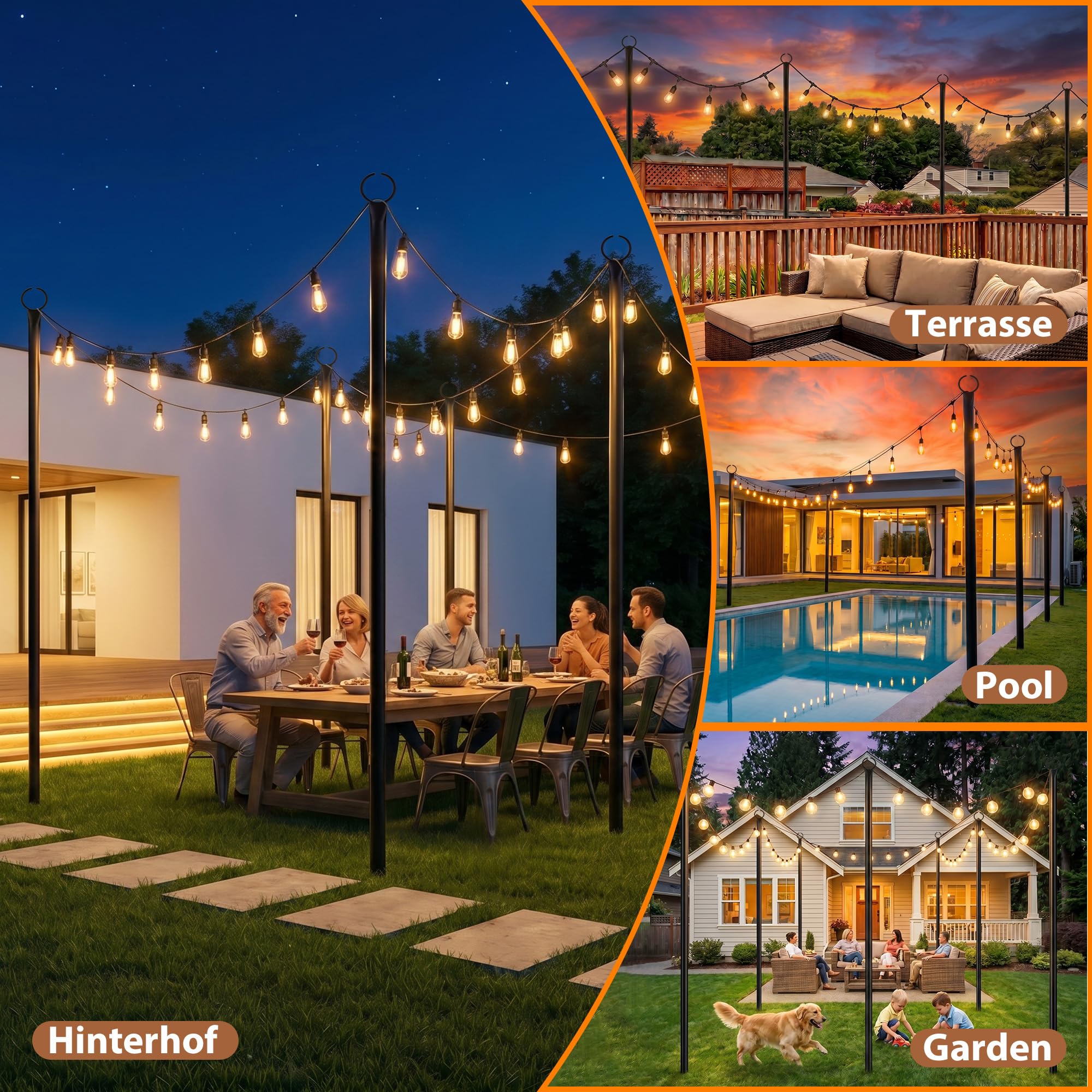 3,2 M Outdoor Stangen Lichterkette Schäferhaken, 2 Pack außen Metall String Light Poles,Lichterkettenstange Garten, Hirtenstab Laternenhalter Dekoration für Hof Bistro Party Familientreffen