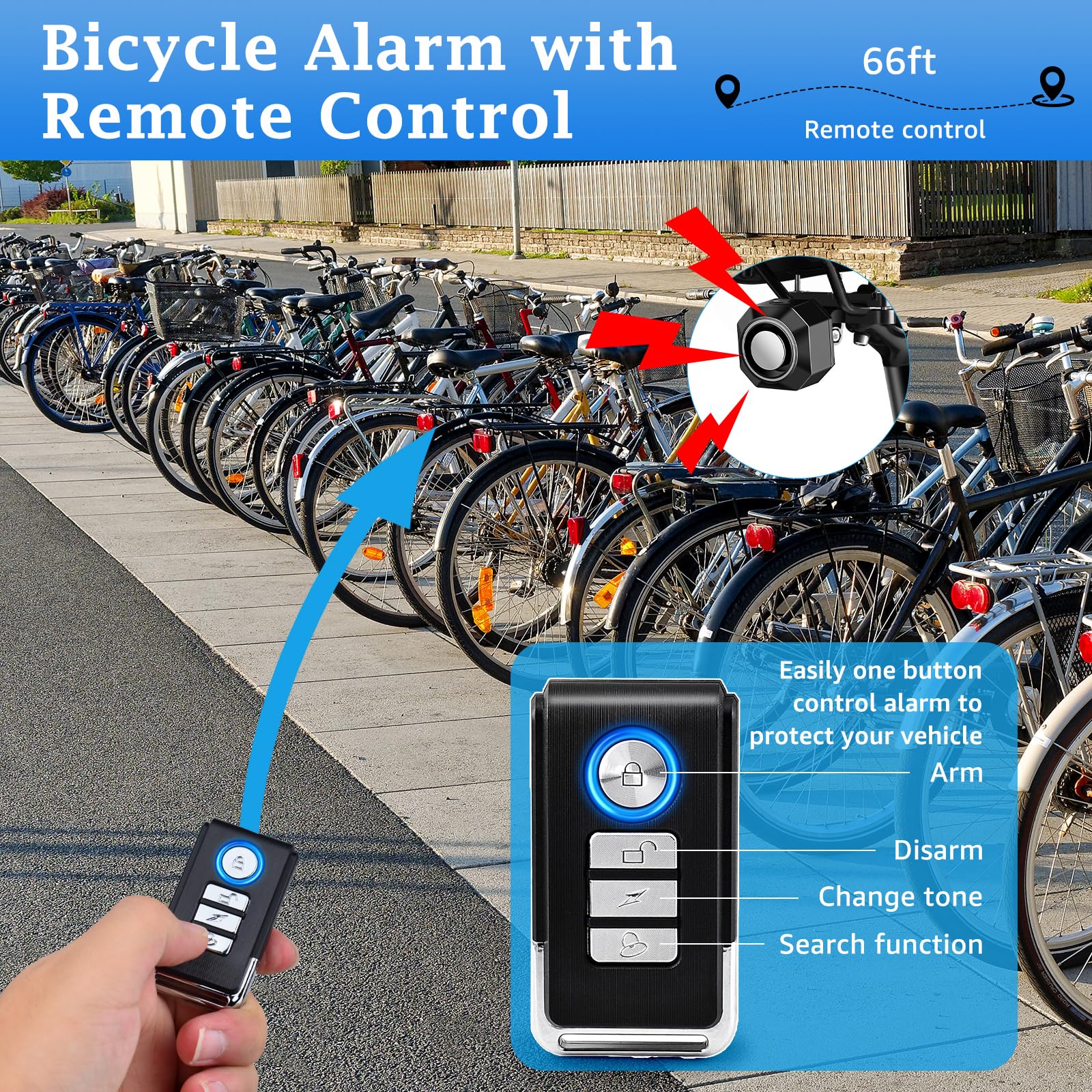 NineLeaf Fahrrad Alarmanlage mit Fernbedienung, 110dB Fahrradalarm mit Sattelhalterung, Lautstärke Empfindlichkeit einstellbar,IP65wasserdicht,USB-C wiederaufladbar, Diebstahlschutz für Fahrräder,4PK