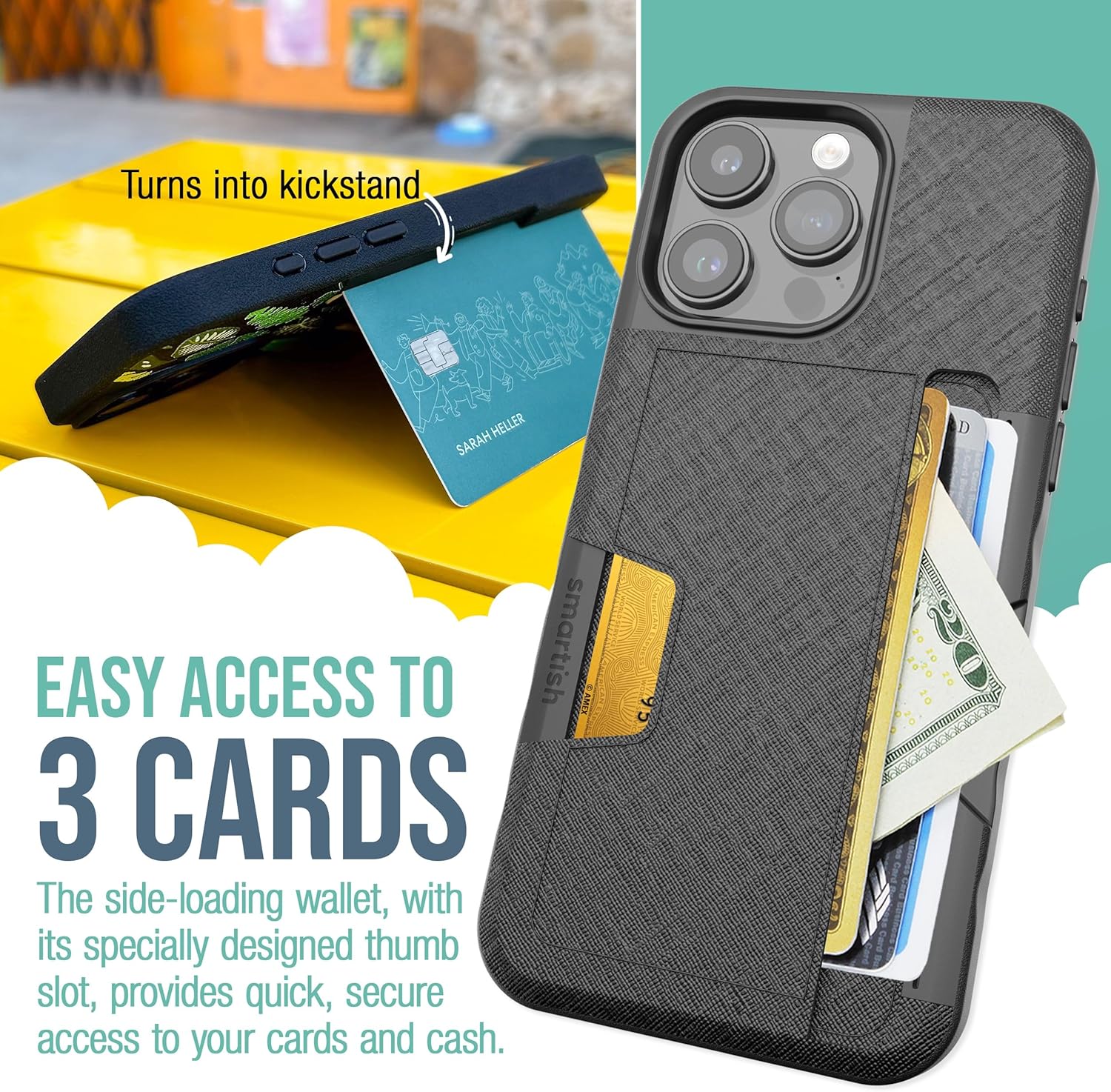 Smartish® iPhone 15 Pro Max Wallet Case - Wallet Slayer Vol. 2 [Slim/Protective] Credit Card Holder w/Kickstand Drop Tested Hidden Card Slot Compatible w/Apple iPhone 15 Pro Max - Black Tie Affair - Image 3