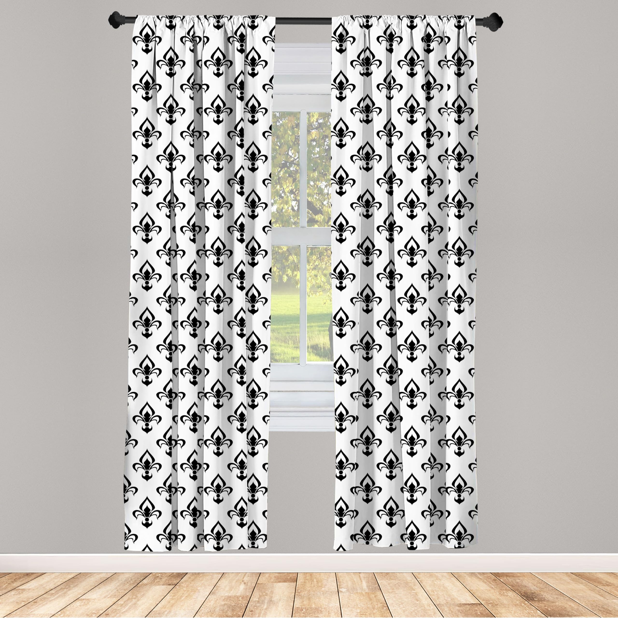 ABAKUHAUS La Flor de lis Juego de 2 Paños Cortinas, Barroco Occidental, Tratamiento de Ventana para Habitación y Dormitorio, 150 cm x 225 cm, Blanco Negro
