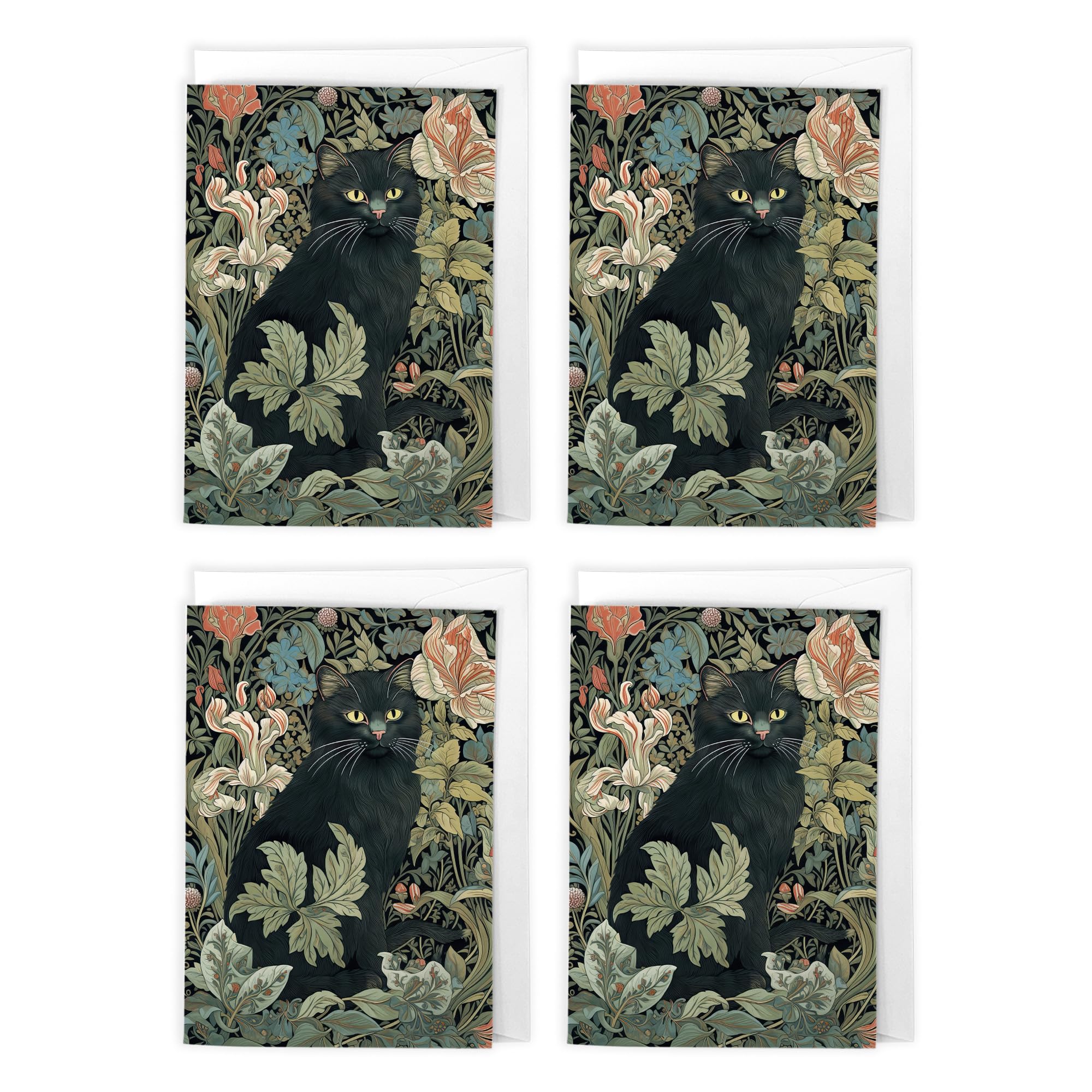 Black Cat Botanical Art Cards Multipack of 4 William Morris Style Greeting Cards For Any Occasion, Blank Inside For Your Message, A6 Size 10 x 15 cms