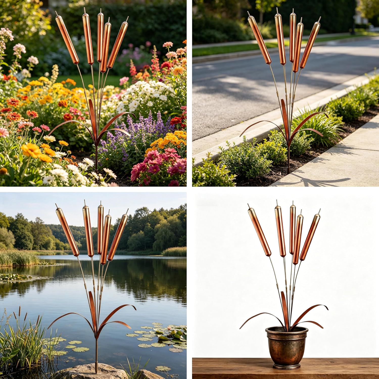 Cattail Wind Chimes Copper, Outdoor Garden Stakes with Rustic Metal Cattail Plant Art, Plated Copper Windchimes for Patio, Yard, Lawn, Handmade Decorative Ornament for Landscaping Lovers(2PCS,20in)