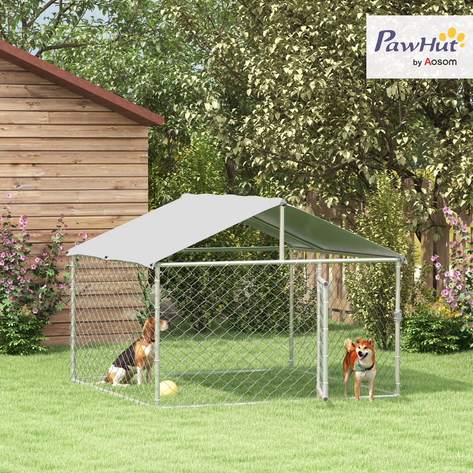 PawHut Perrera Jaula de Exterior para Perros Medianos Parque para Perros con Cerradura Marco de Acero Toldo Impermeable y Anti-UV 200x200x150 cm Plata