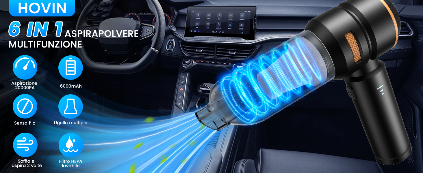 Aspirapolvere Auto Senza Fili 20000Pa - Portatile, Con Batteria 6000mAh E Funzione Pompa D'Aria - Foto 2