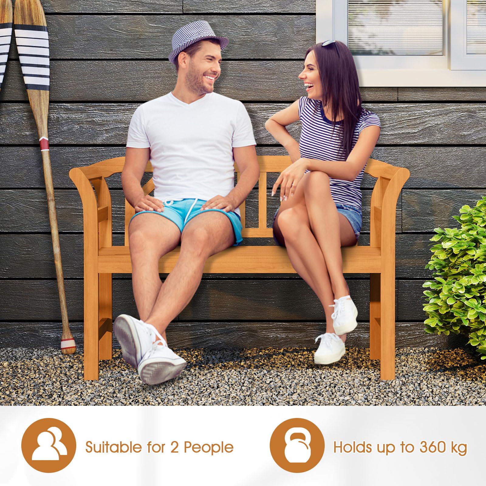 FANTASK 2-Sitzer Gartenbank, Outdoor Sitzbank aus Akazienholz, Friesenbank wetterfest bis 360 kg belastbar, Friesenbank mit Armlehnen, Parkbank für Garten, Balkon, Terrasse