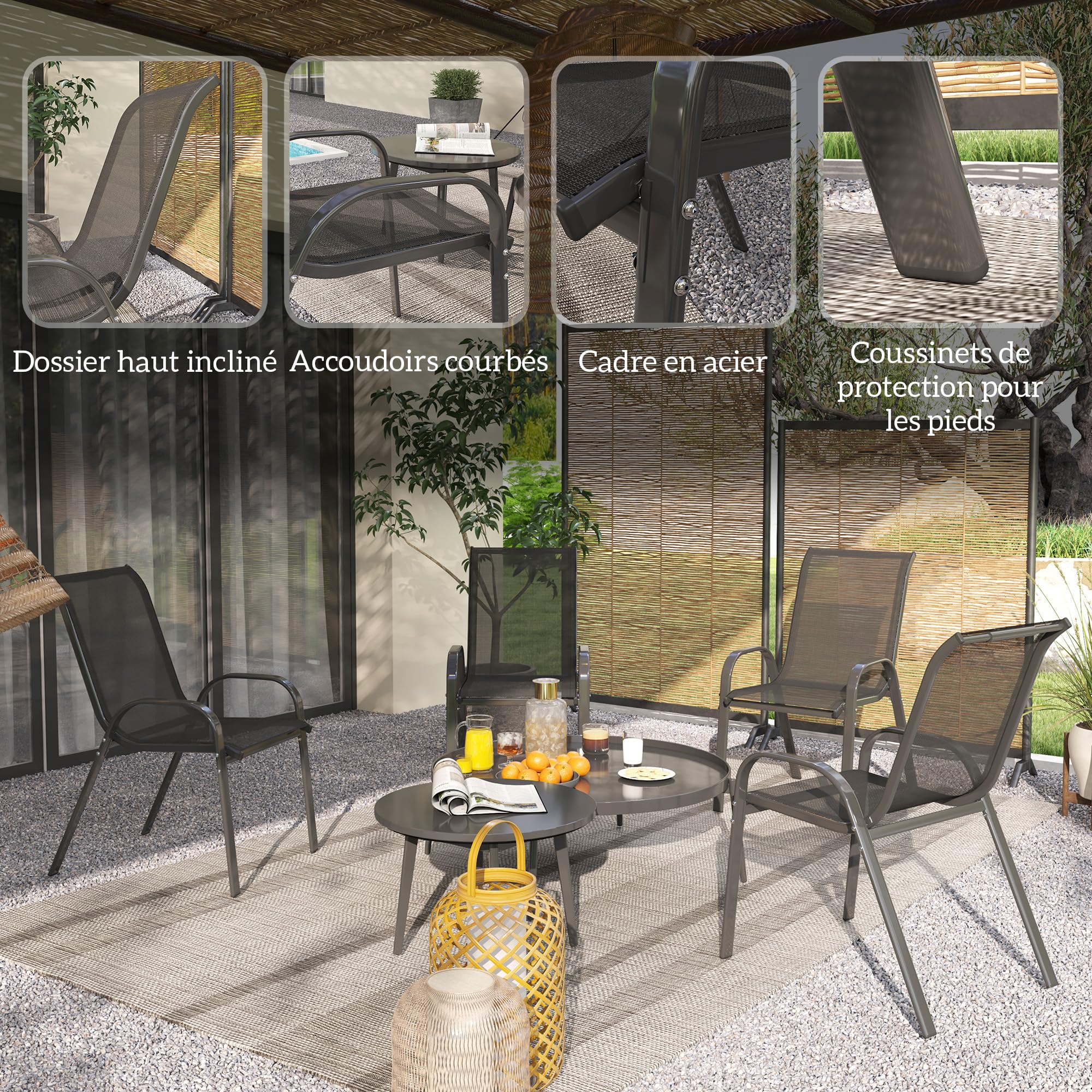 Outsunny Lot de 4 chaises de Jardin, chaises empilables, Dossier Haut incliné, Tissu en Maille Respirante, Cadre en Acier, Noir