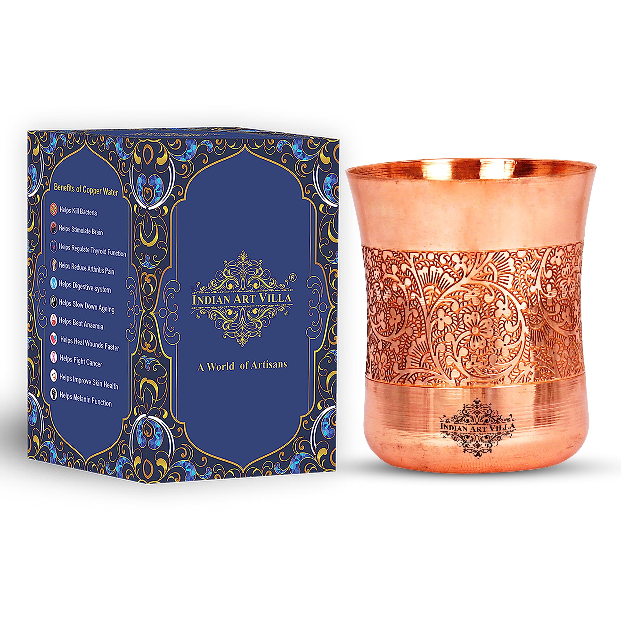 INDIAN ART VILLA Curved Copper Glass Tumbler Cup with Embossed Design for Drinkware and Tableware, 300 ml