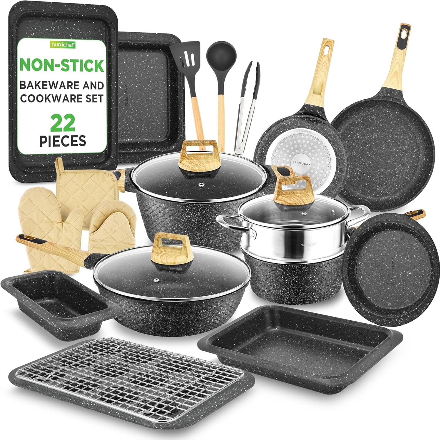 NutriChef 22-Piece Black Marble Non-Stick Cookware and Bakeware Set – Professional Home Kitchen Collection with Multi-Sized Pots, Pans, and Heat-Resistant Tools