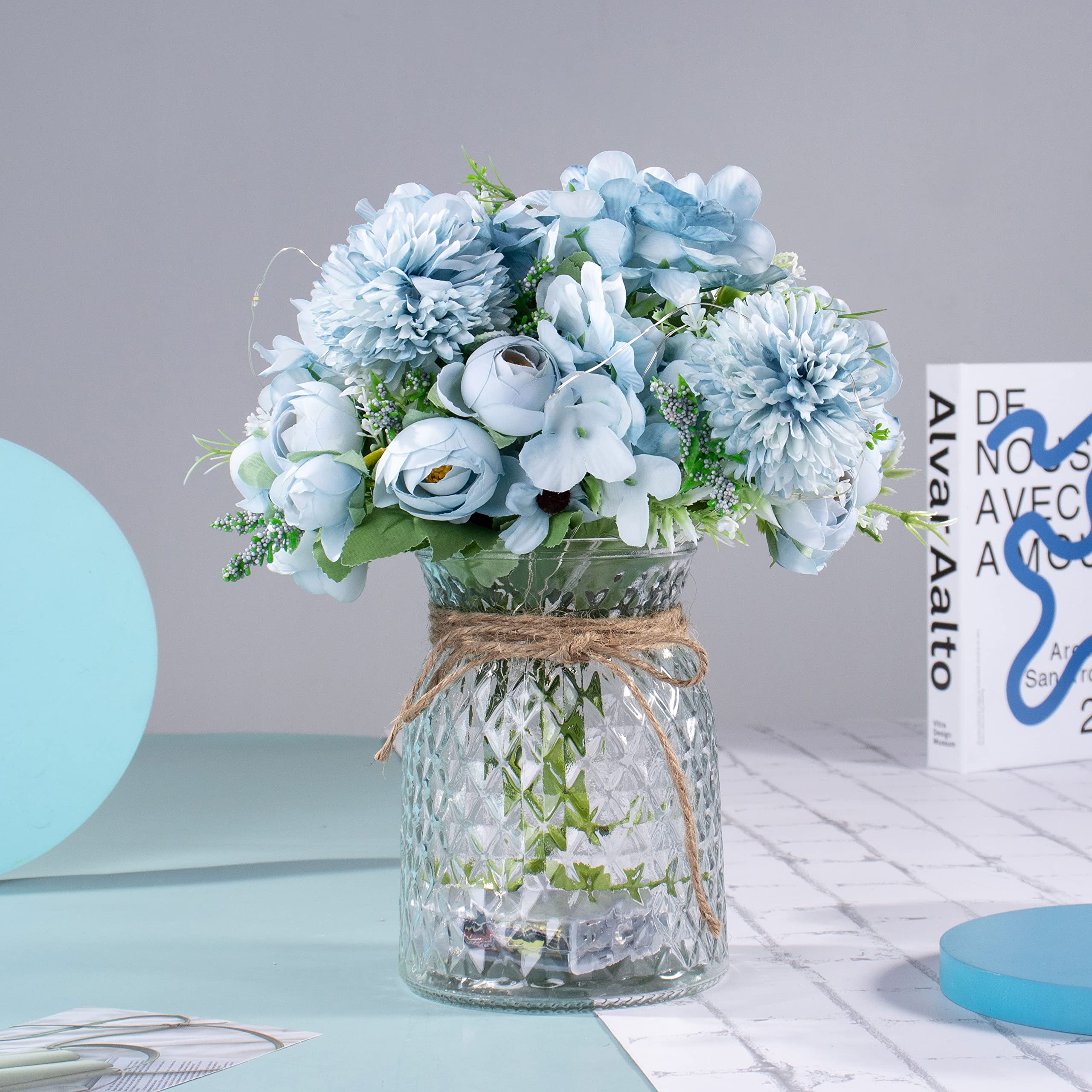 Flores de rosas azules artificiales LED con jarrón de cristal, luz LED con control remoto, arreglo floral para centro de mesa, decoración de boda en casa y oficina 3