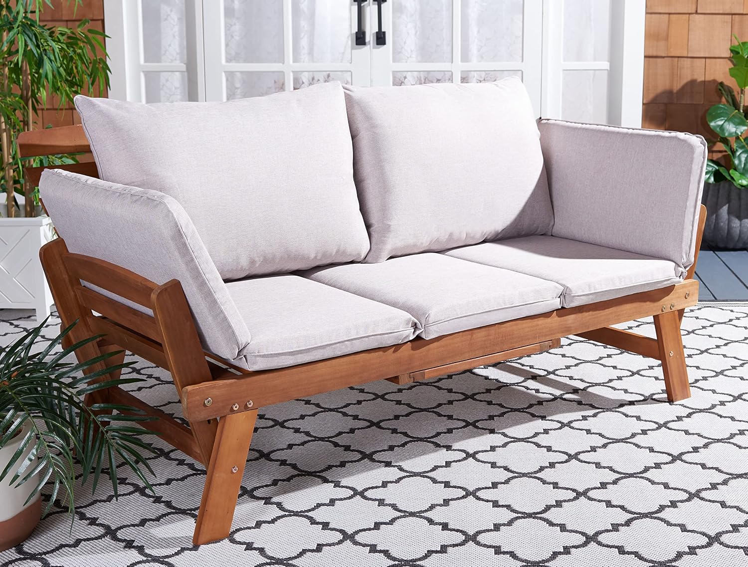 SAFAVIEH Outdoor Collection Emely Natural Acacia Wood/Grey Expandable Loveseat Daybed