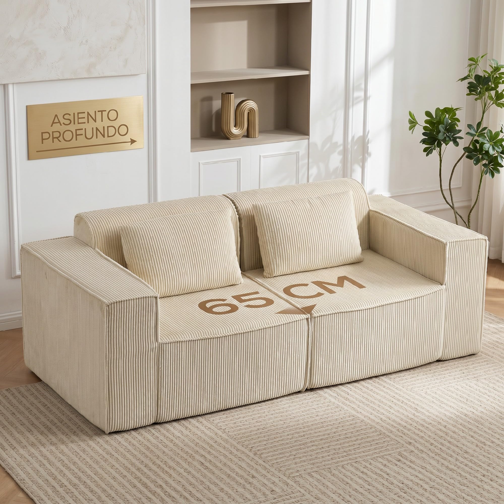 HOMCOM Sofá de 3 Plazas con Acolchado Grueso en Pana 202x90x76 cm Beige | Sofá de Salón, Asiento Extra Profundo, Reposabrazos Anchos, 2 Almohadas