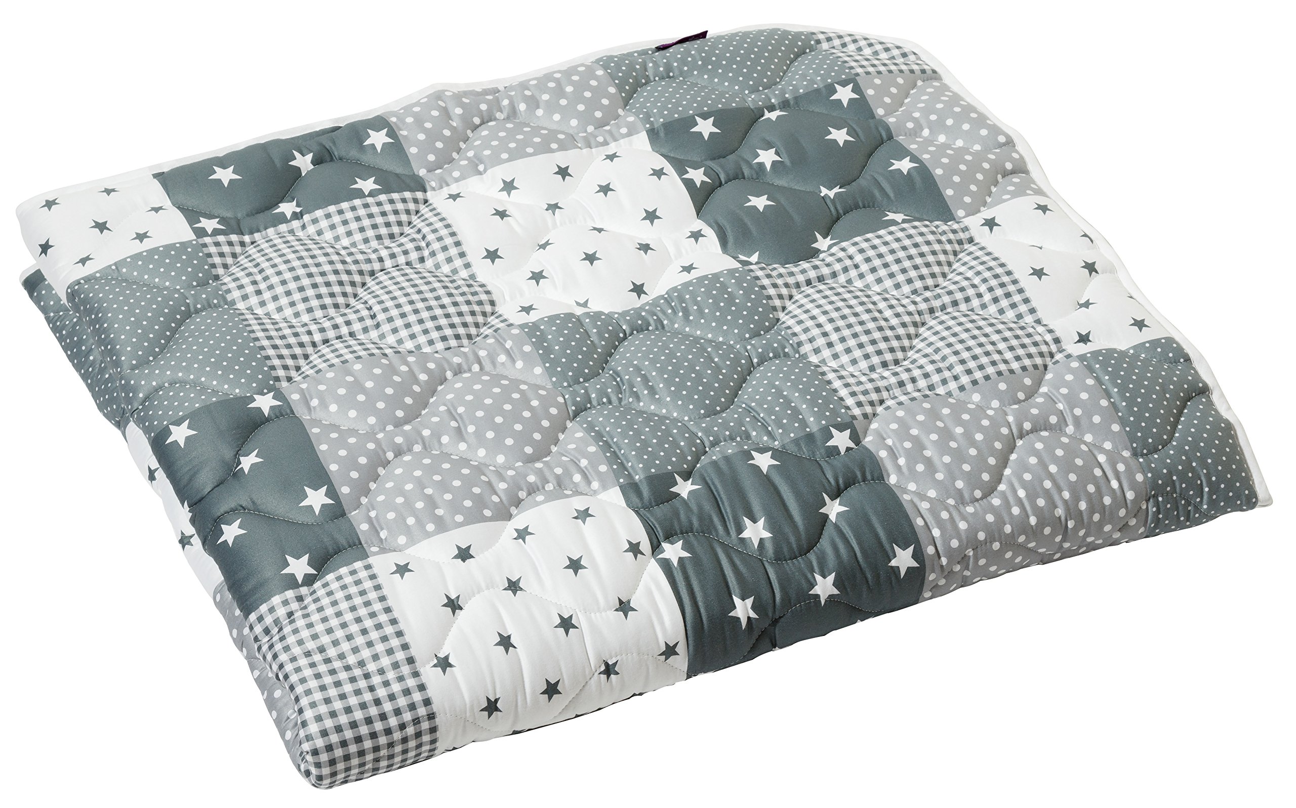 Krabbeldecke HLP: "Patchwork Sterne/Punkte" Fb. grau | rutsch- und wasserfest | Serie: High-Line Premium (HLP) | Artikel 10203 | ca. 130x200cm groß | 60°C waschbar