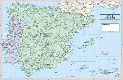 Cool Owl Maps Póster de mapa de pared de España y Portugal enrollado 36 pulgadas de ancho x 24 pulgadas de alto (laminado)