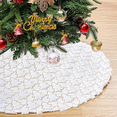 Miniatura 21 de Falda blanca para árbol de Navidad, falda de árbol de piel sintética, alfombra de árbol de lentejuelas de 24 pulgadas, falda de árbol de purpurina