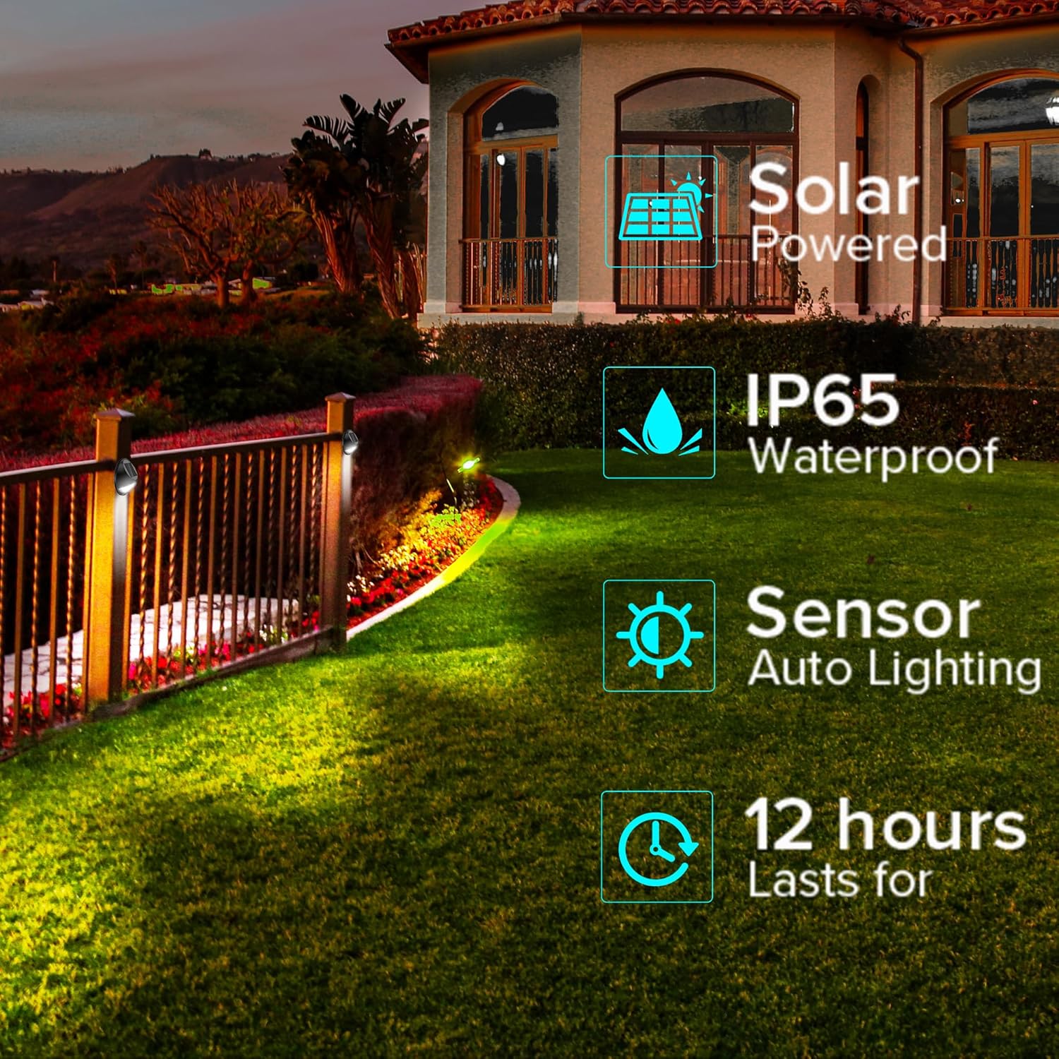 JJX Solar Fence Lights 2 Pack, Fence Lights Solar Powered, Waterproof Solar Deck Lights, Automatic Operation Outdoor Solar Lights for Patio