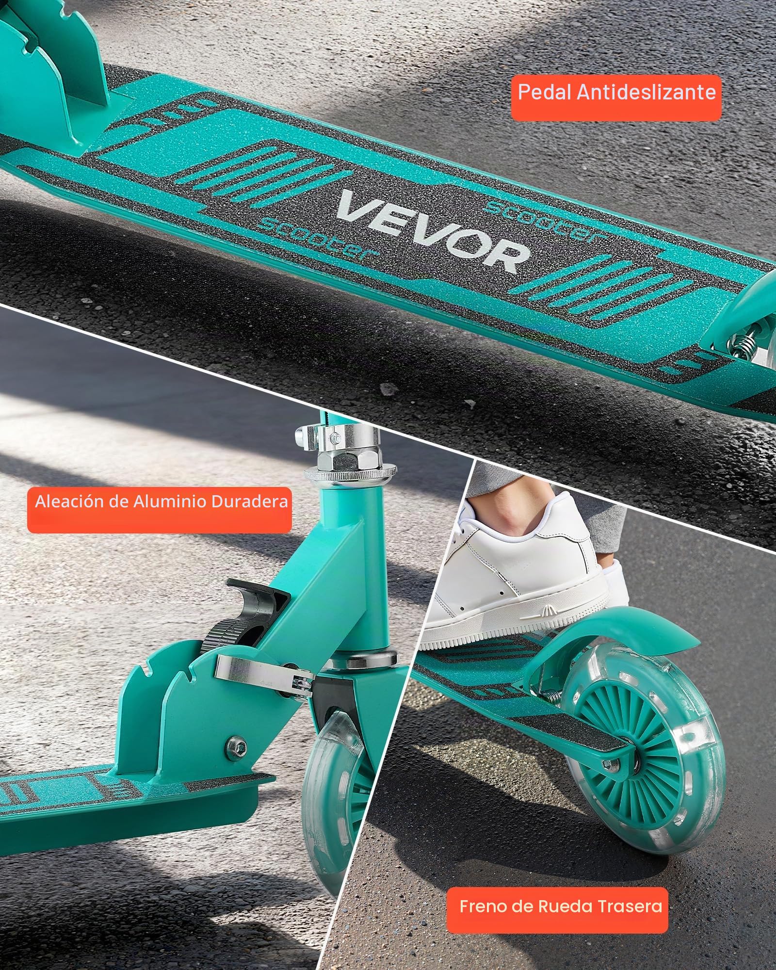 VEVOR Patinete de 2 Ruedas para Niños a Partir de 3 Años, Ruedas Iluminadas, Manillar de Altura Ajustable, Base Antideslizante y Chasis Plegable, Patinete hasta 50 kg, Verde, 700 x 325 x 830 mm