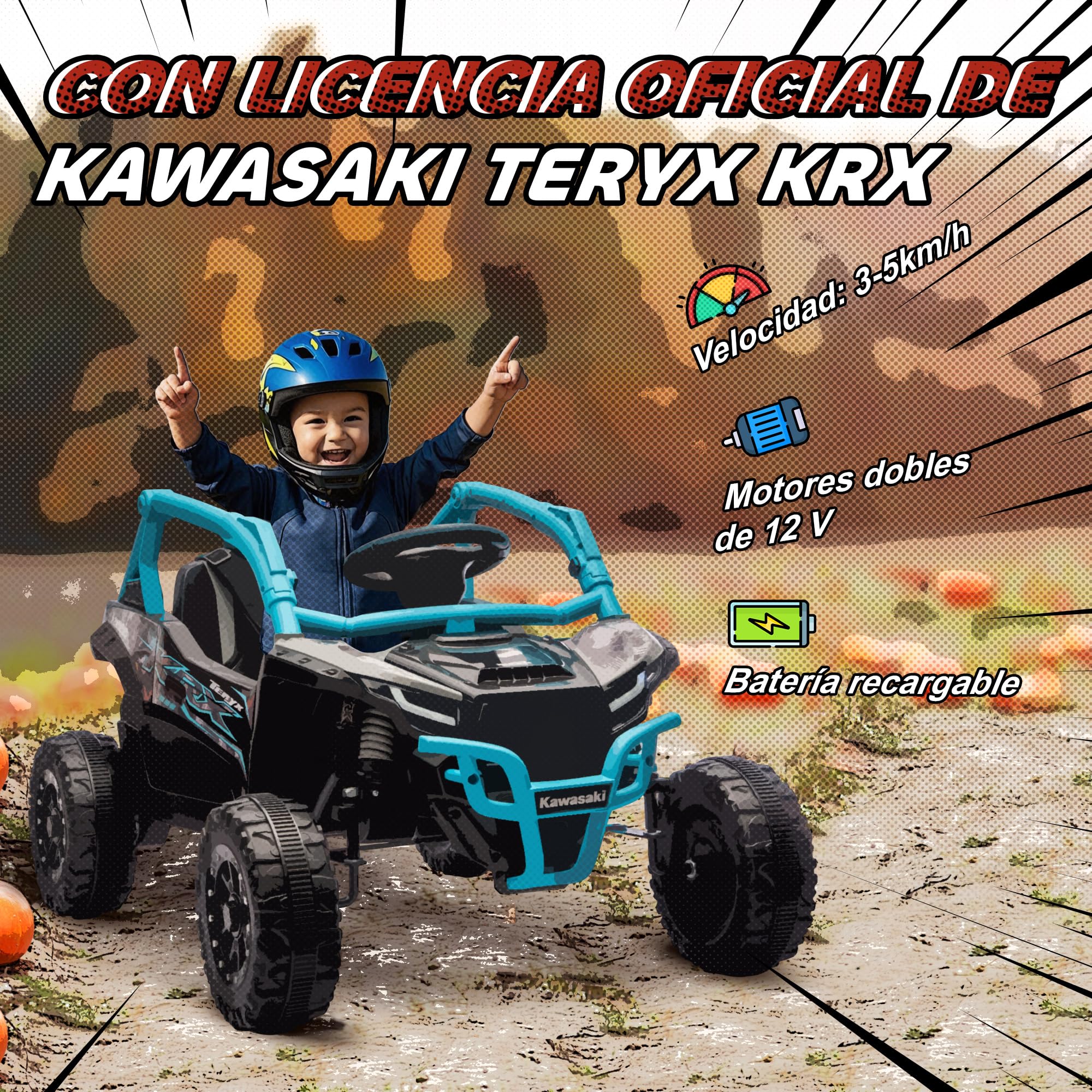 AIYAPLAY Coche Eléctrico para Niños 12V Kawasaki Teryx KRX 1000 UTV con 2 Motores Control Remoto 2,4G Azul