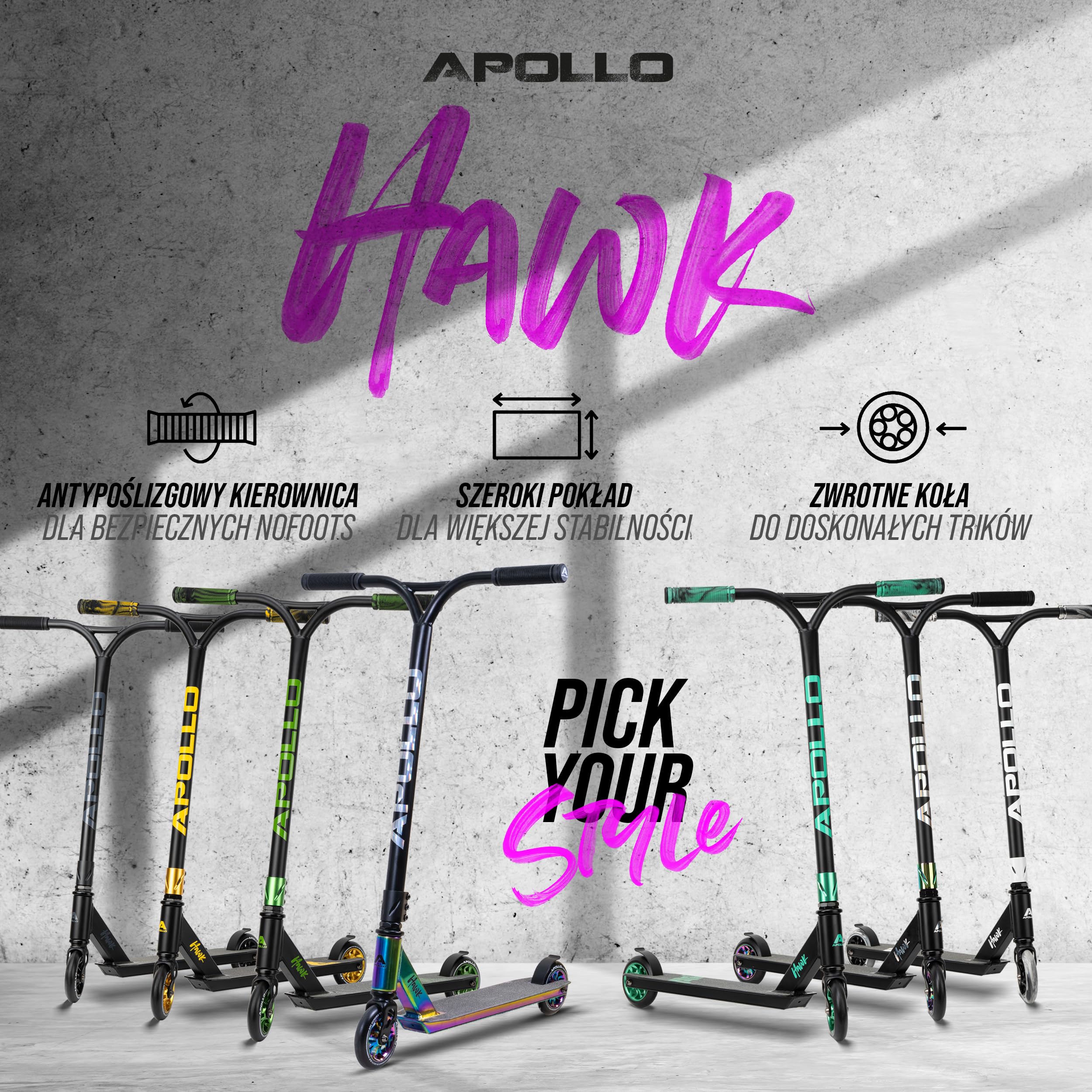 Hulajnoga stunt Apollo Hawk – freestyle kickscooter dla dzieci i dorosłych