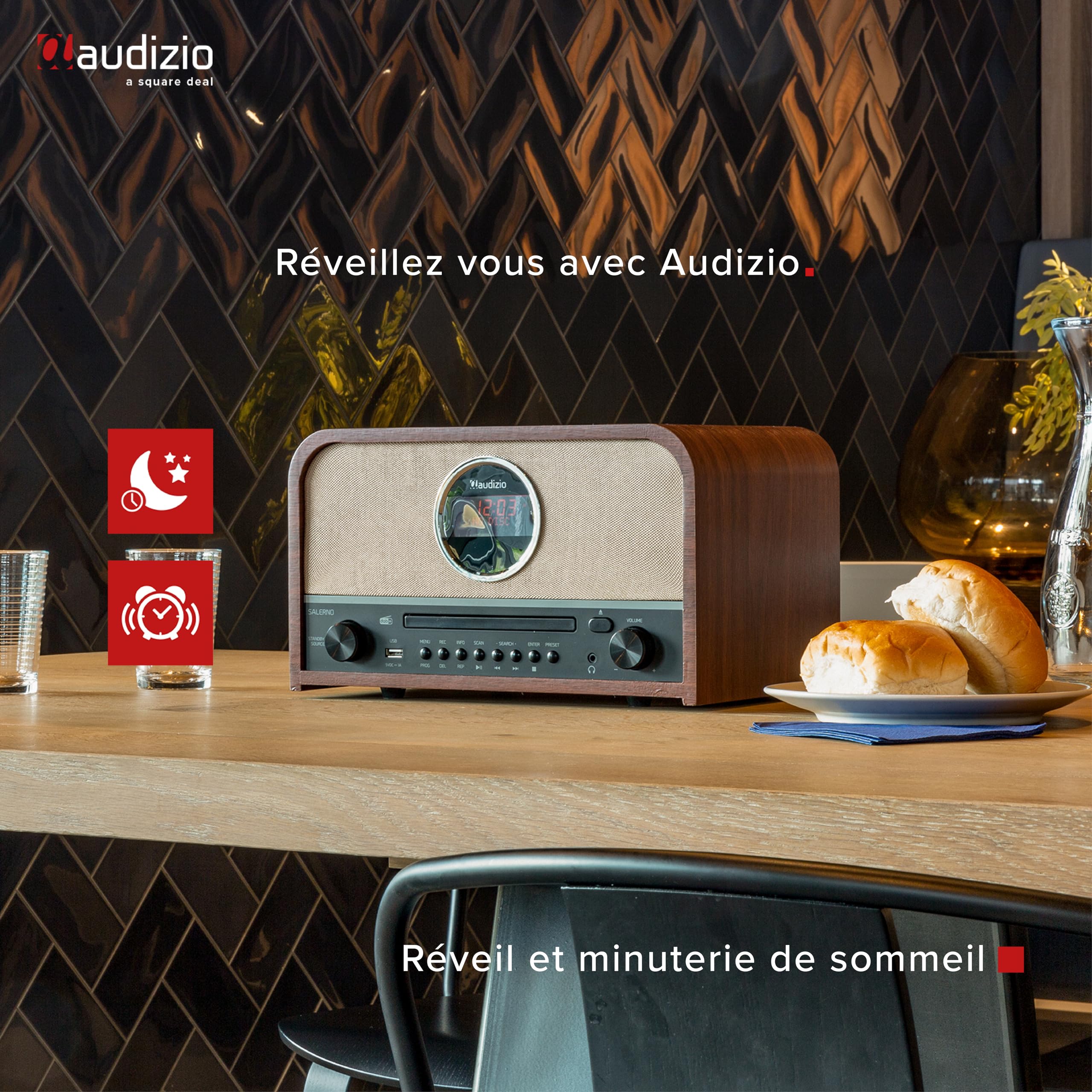 Audizio Salerno Radio Dab+ avec Lecteur CD - Bluetooth 5.0, Affichage LCD, Horloge et Minuterie, Sortie Casque, Télécommande Incluse, Idéal comme Objet de Décoration et pour Écouter la Radio