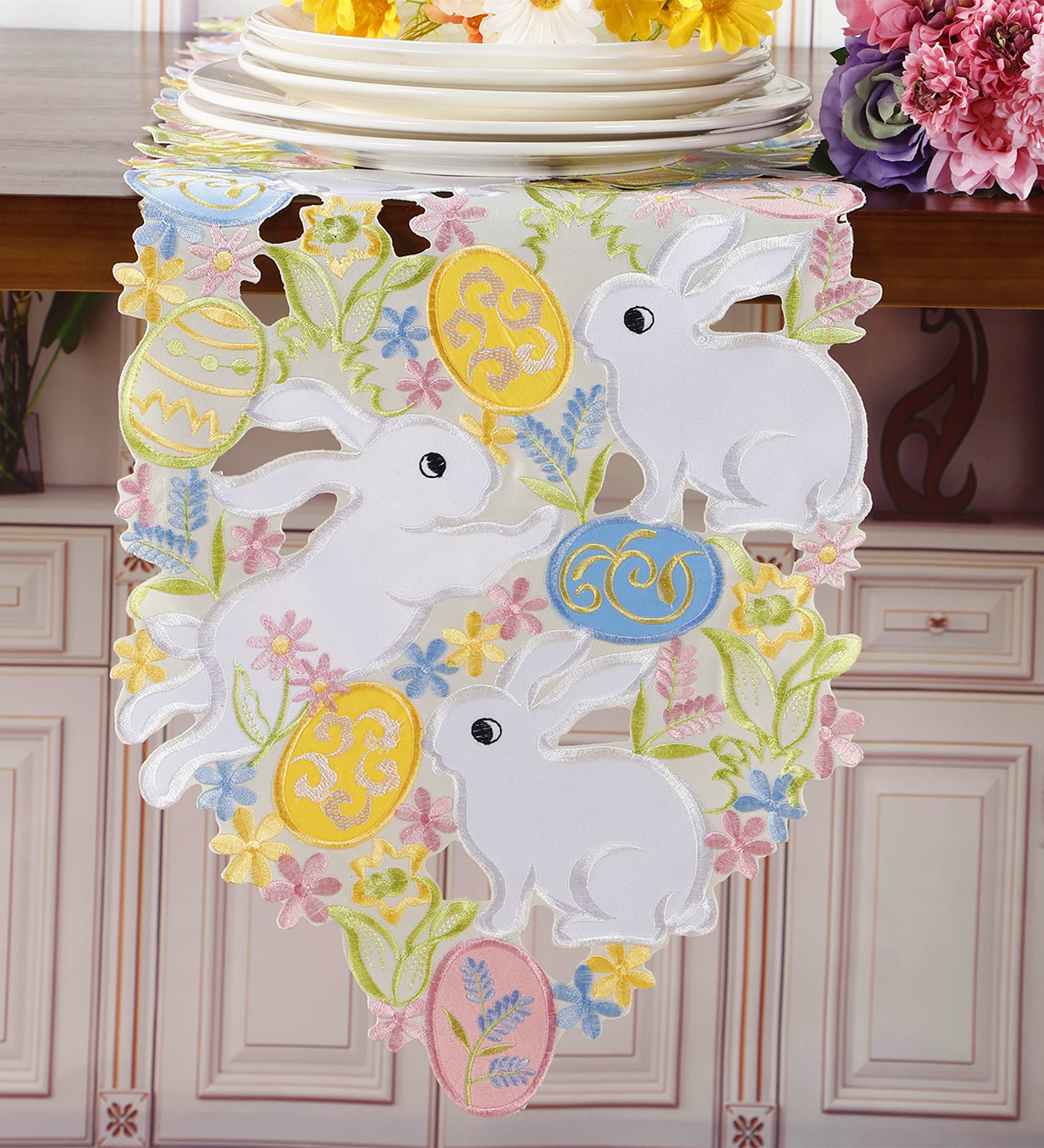 GRANDDECO Runner Da Tavola Pasquale - Coniglietti E Fiori Ricamati - 13x68 Cm - Lavabile In Lavatrice - 5