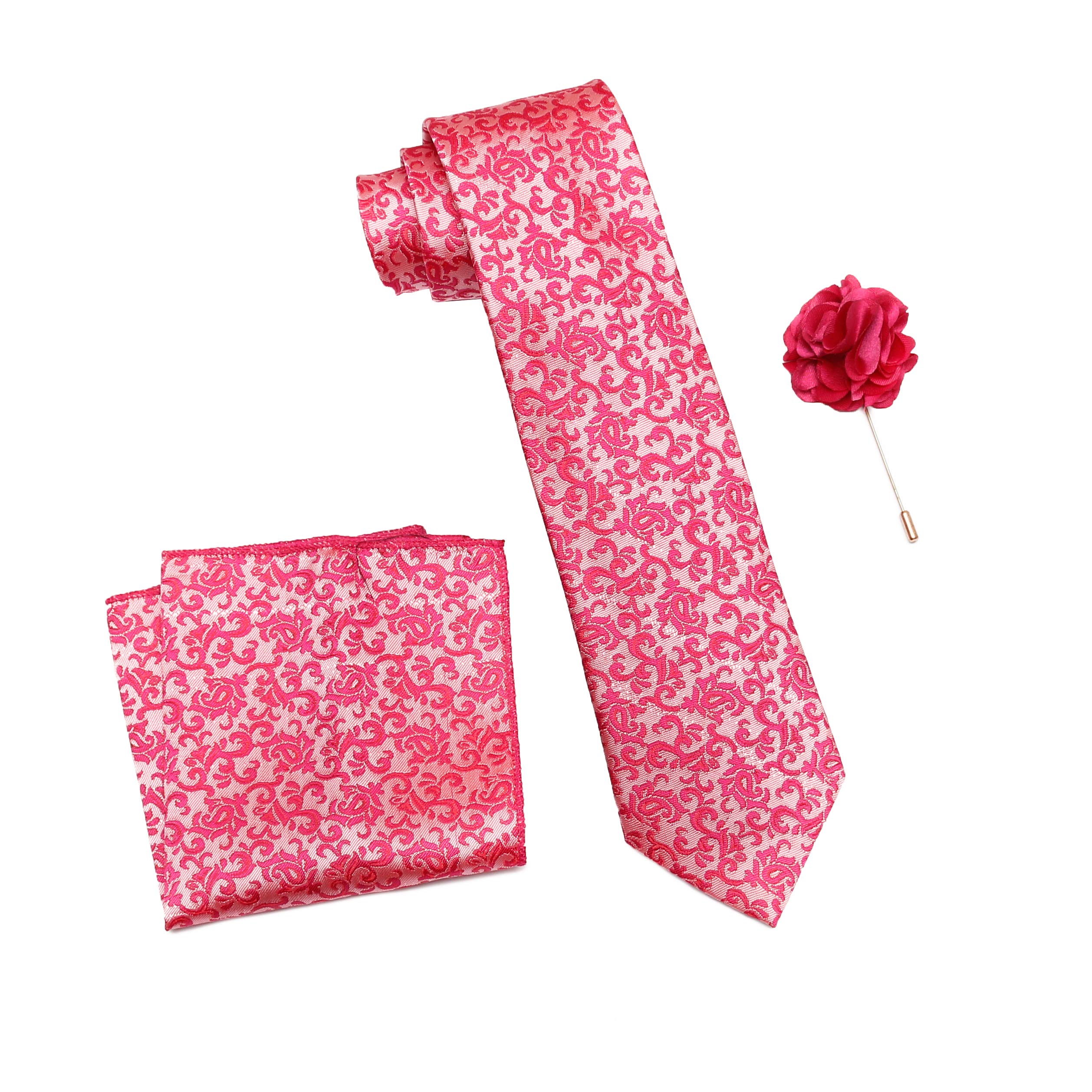 rizoro Mens Plaid Paisley Silk Necktie Gift Set With Pocket Square & Brooch Pin Formal Tie Set (Pink, AMBI6PKRS, Free Size)-picture-16
