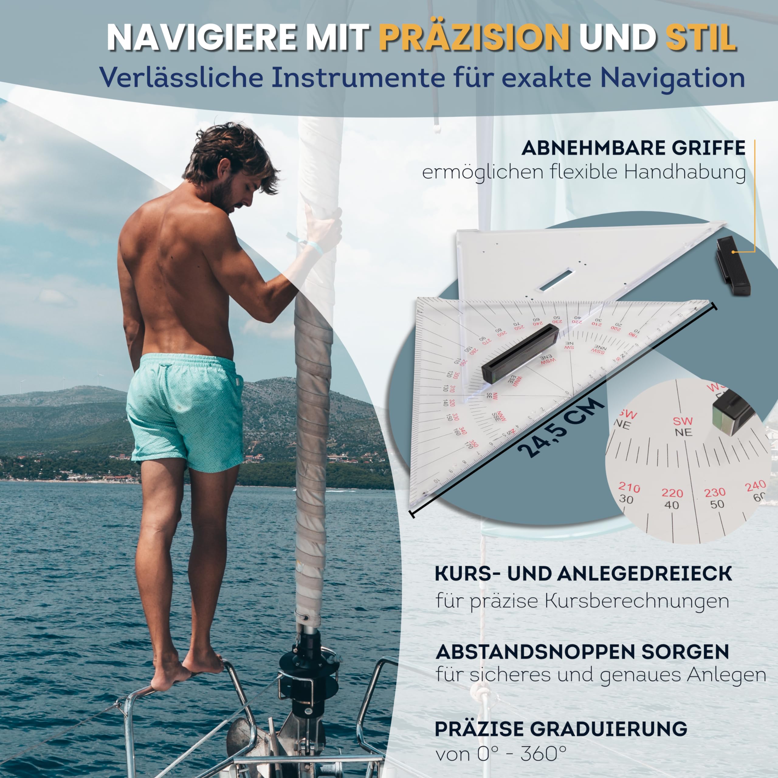 SBF See & Binnen - Cubertería de navegación para SBF Navigation I Set: Triángulo y Triángulo de amarre (24,5 cm cada uno), Compás marino, lápiz, sacapuntas y funda, imprescindible para la licencia de