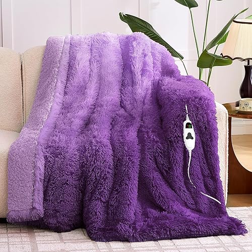 RUJIPO Heated Electric Blanket Throw,Warm Winter Birthday Gifts for Women Her Grandma-Faux Fur with Soft Sherpa,10 Heat Settings,5 Time Settings with Fast Heating, 50x60, Mystic Purple - Mystic Purple - 50x60