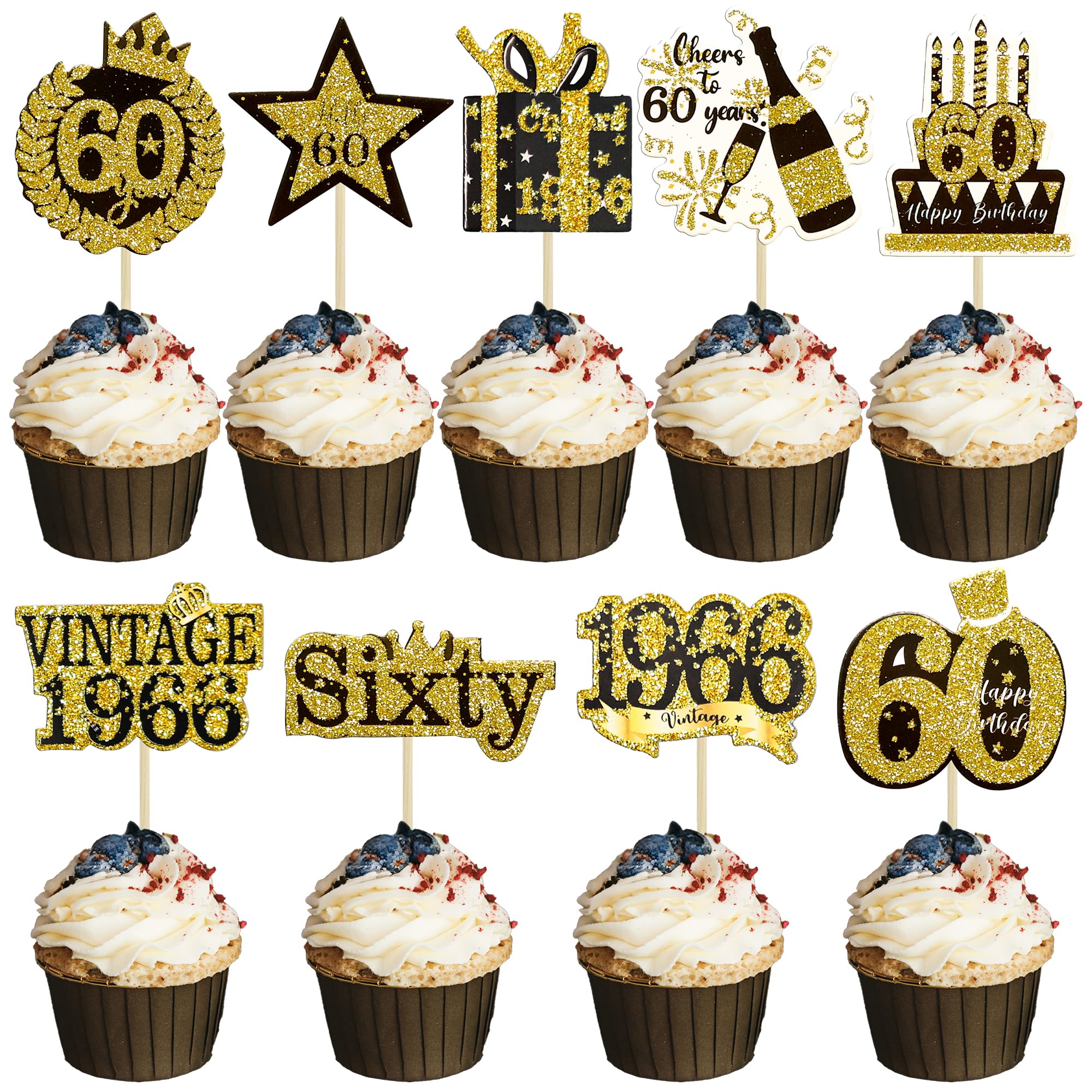 Gyufise 36Pcs Happy 60th Birthday Cupcake Toppers Glitter Black Gold Sixty Hello 60 Vintage 1966 Cupcake Picks Cheers to 60 Years 60 Fabulous Cake Decorations for 60th Birthday Party Supplies โ image 1
