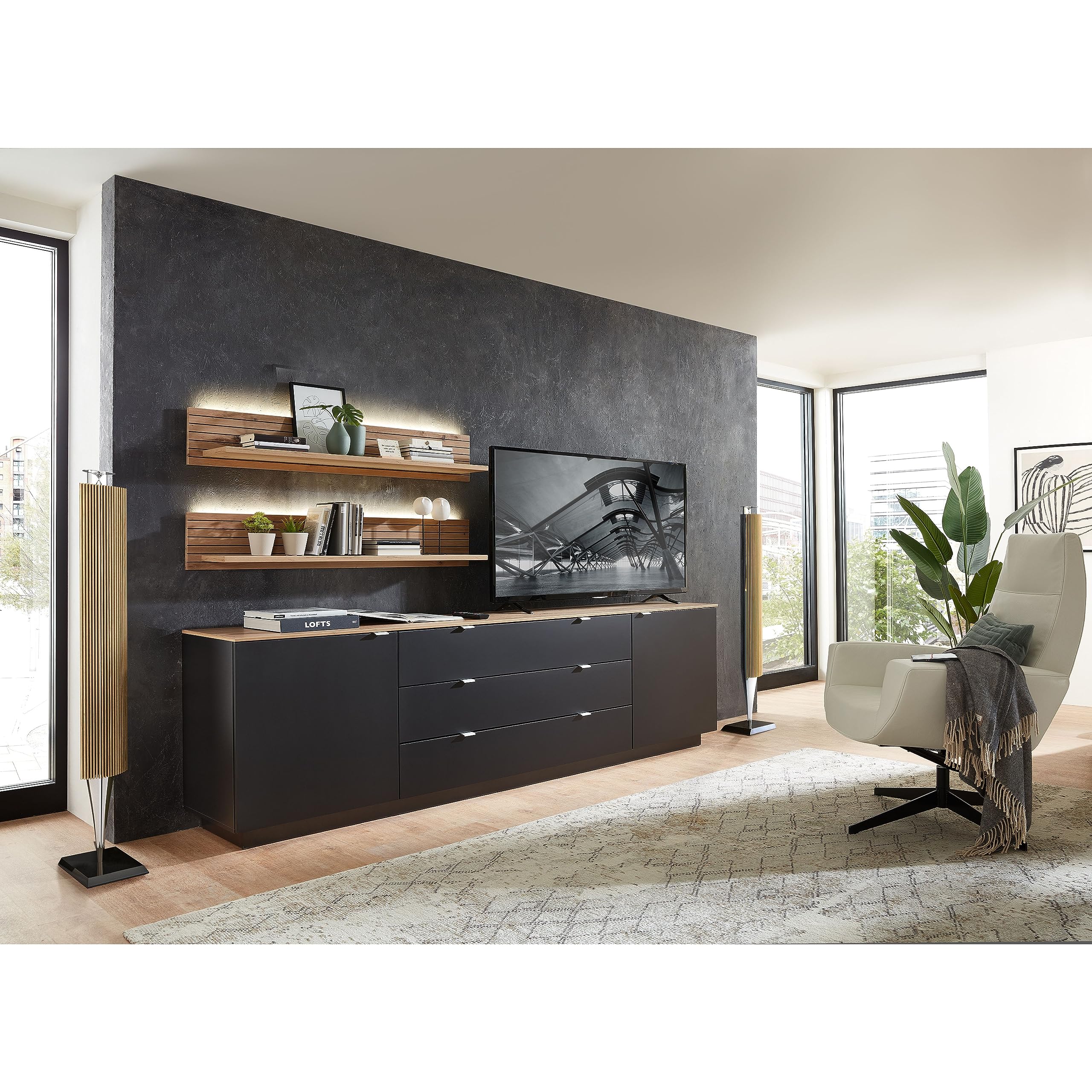 TV Lowboard 180 Cm, Eiche & Anthrazit – Mit Schubladen, Türen & Offenen Fächern, Push-Open, Modernes Design