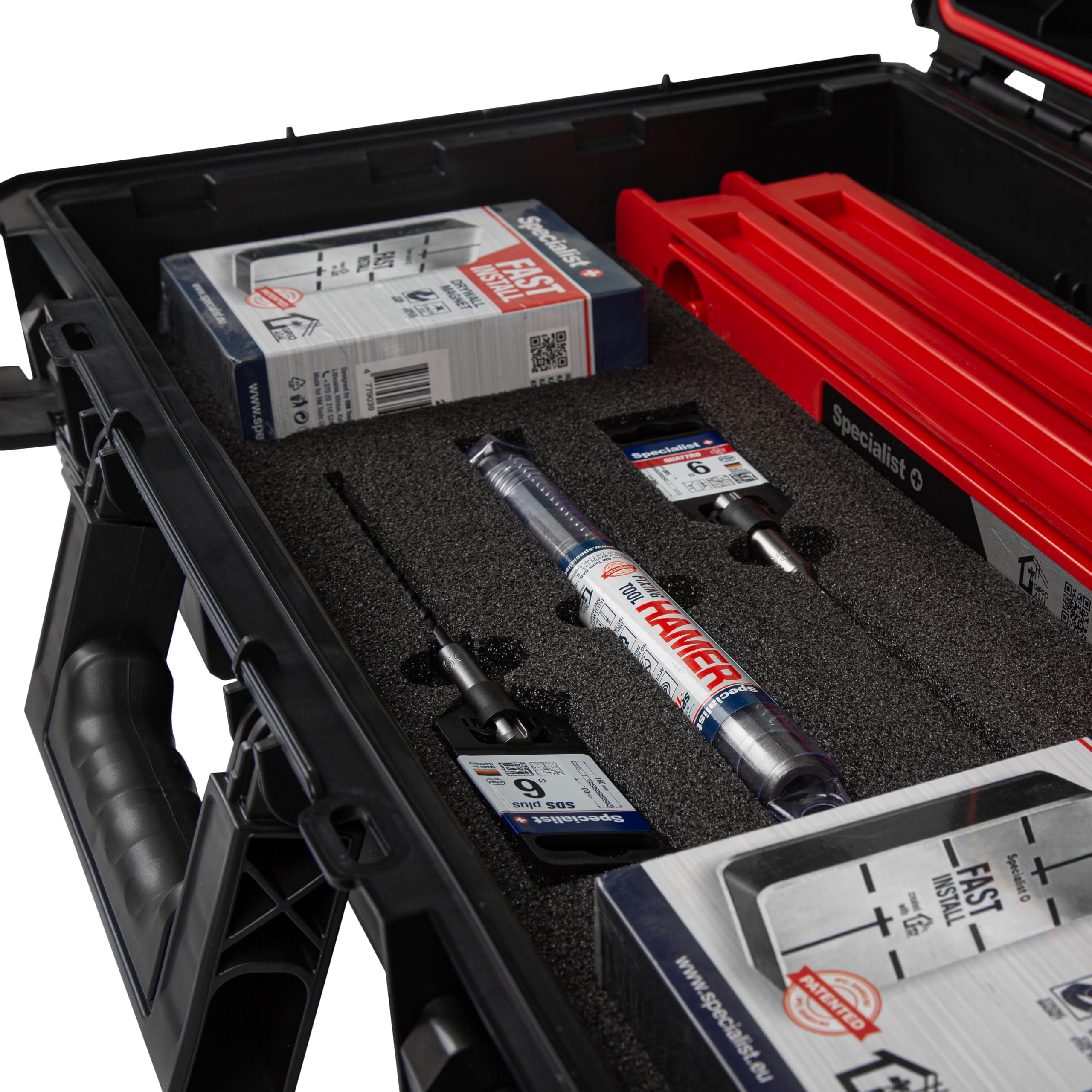 Specialist+ Trockenbau-Werkzeugset | x2 SPACER (50 cm), x2 FAST INSTALL-Gipsmagnete, x1 HAMMER-Steckertreiber, SDS+ & QUATTRO Bohrer | Schnelle Montage | Für Knauf D-112 geeignet
