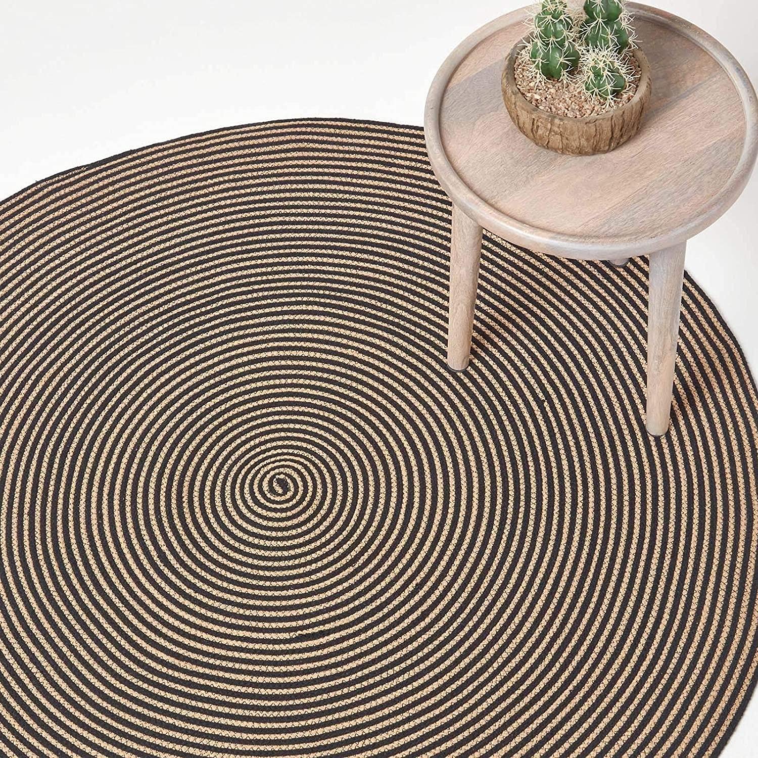 Homescapes runder Teppich, handgeflochtener Baumwollteppich 200 cm im Vintage-Look mit Spiralemuster, leinen-Farben und schwarz, Flachgewebe-Teppich für Wohnzimmer, Schlafzimmer, Küche oder Flur