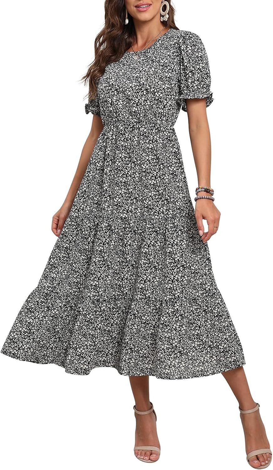 GRECERELLE Womens Summer Midi Dress Floral Print Boho Dress Ruffle Puff Sleeve High Waist A-Line Casual Boho Cocktail Holiday Beach Long Dress for Ladies