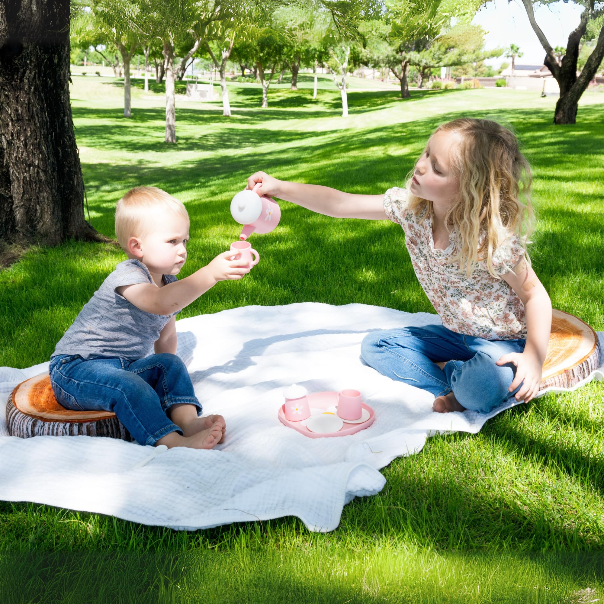 Flower Power Pink Silicone Tea Set by Jack Rabbit Creations- 10 Piece Play Tea Party Set for Little Girls- Food Grade & Dishwasher Safe- Encourages Role Play and Imaginative Play